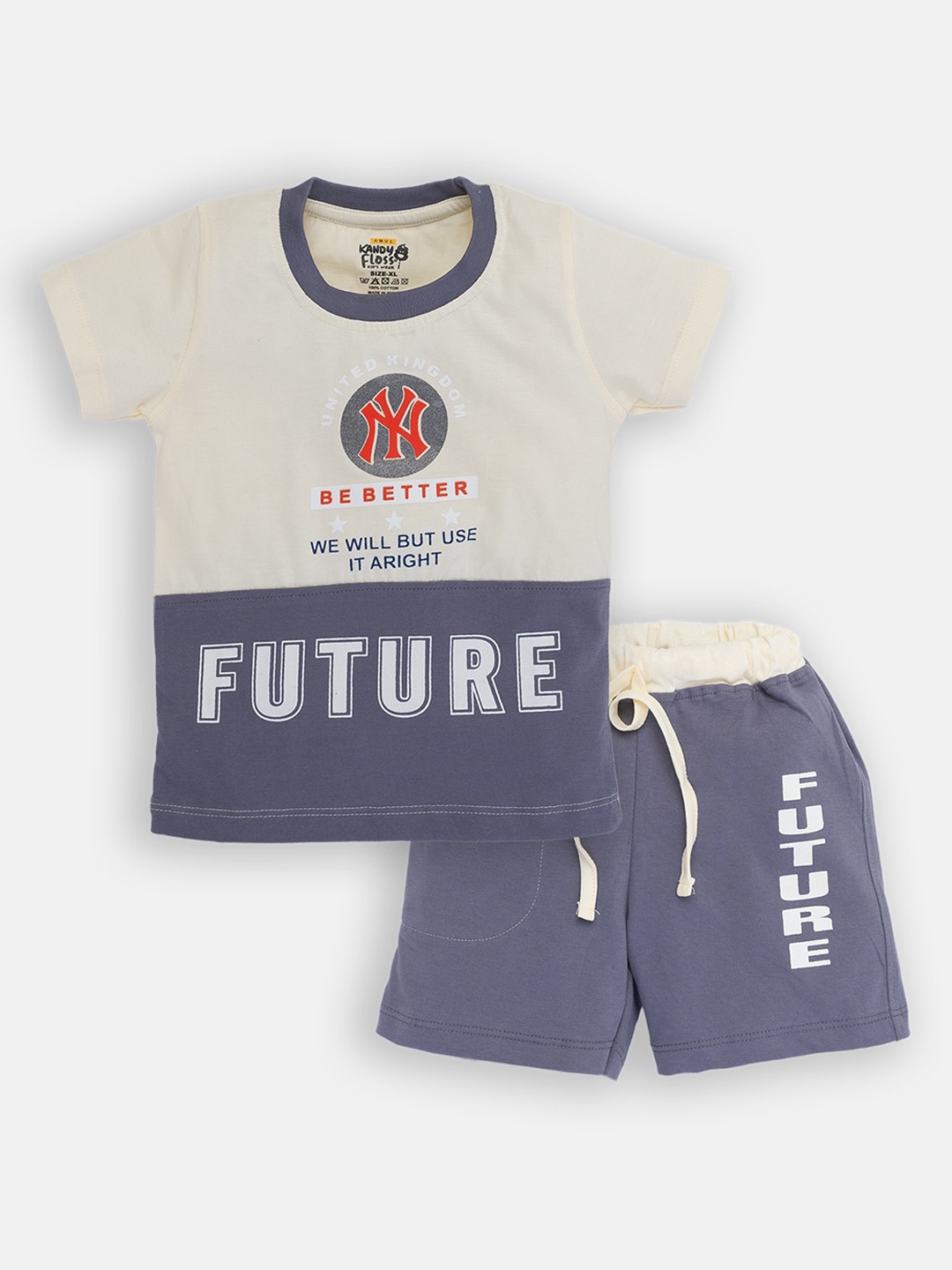 

AMUL Kandyfloss Boys Grey & Off White Colorblocked Pure Cotton Clothing Set