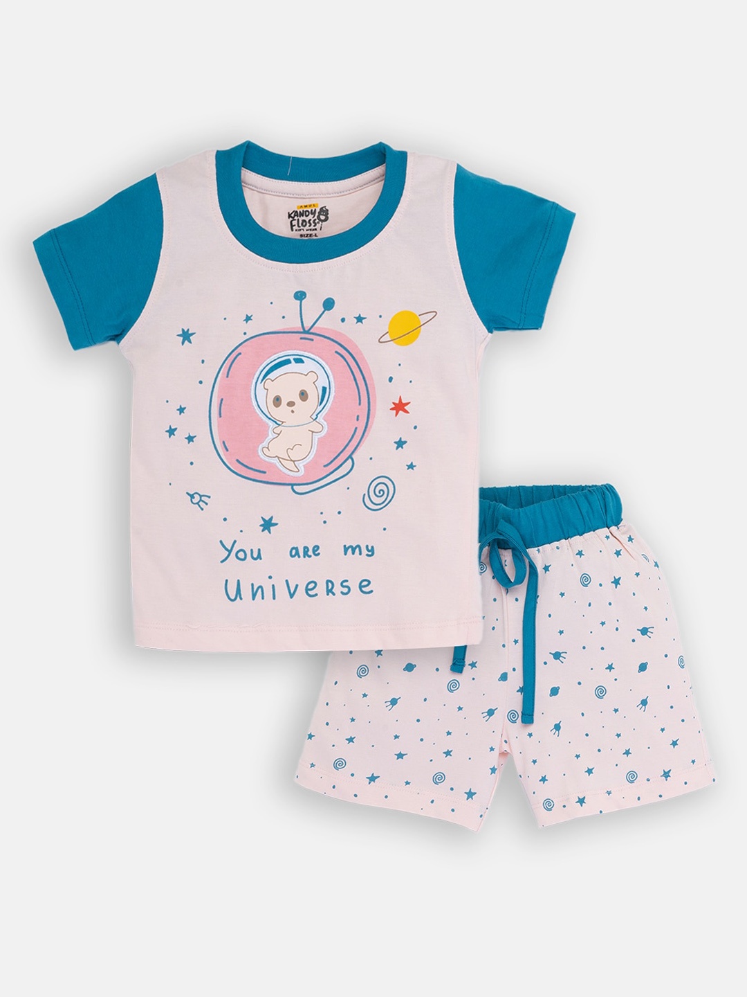 

AMUL Kandyfloss Boys Pink & Blue Printed Pure Cotton T-shirt with Shorts