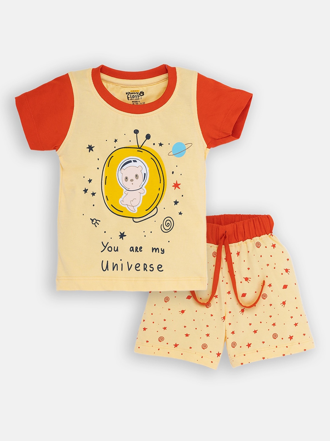 

AMUL Kandyfloss Boys Yellow & Red Printed Pure Cotton T-shirt with Shorts