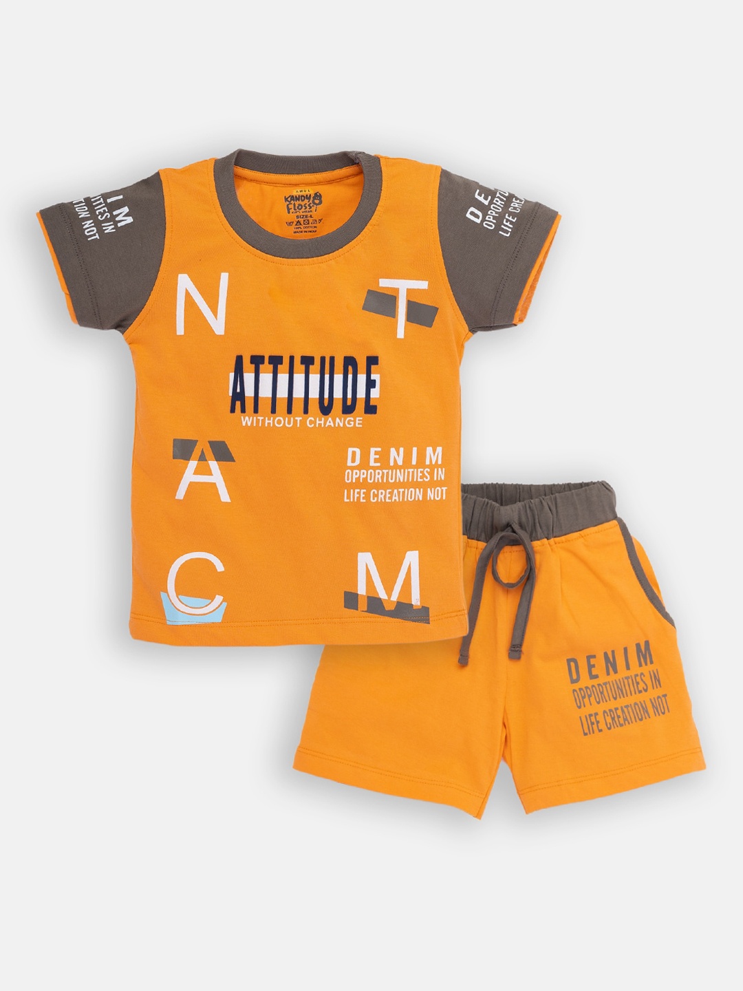 

AMUL Kandyfloss Boys Orange & Grey Printed T-shirt with Shorts