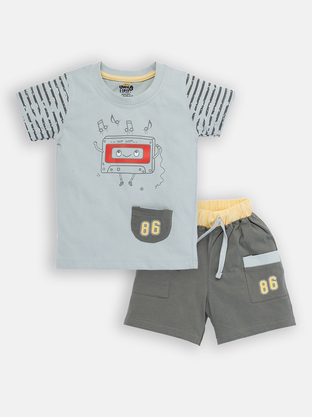

AMUL Kandyfloss Boys Grey & Mustard Printed Pure Cotton T-shirt with Shorts