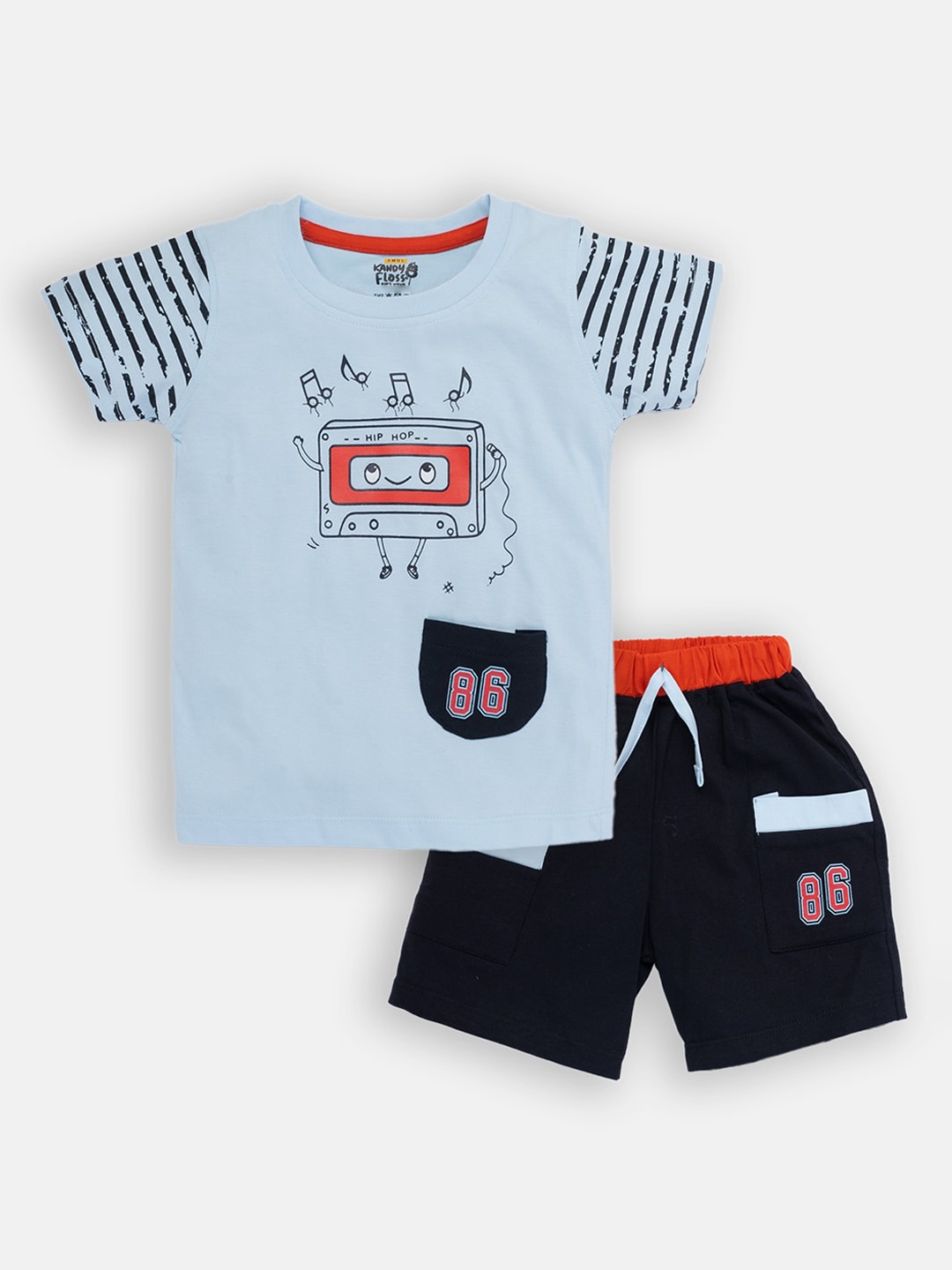 

AMUL Kandyfloss Boys Black & Blue Printed Pure Cotton T-shirt with Shorts