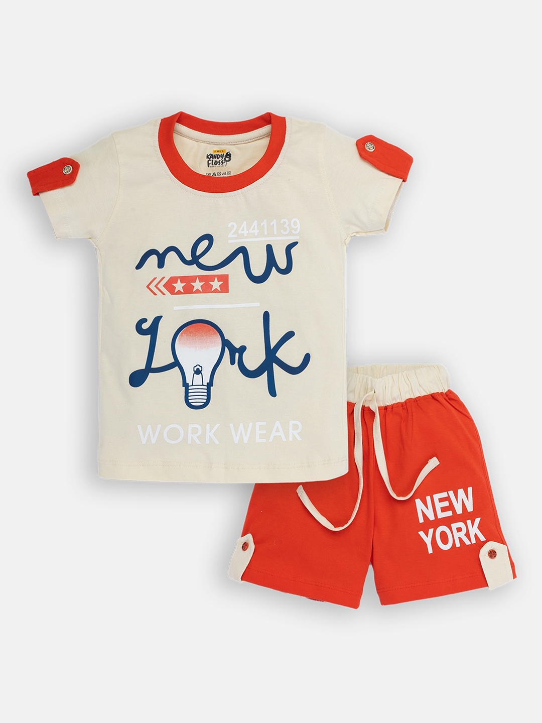 

AMUL Kandyfloss Boys Beige & Orange Printed T-shirt with Shorts