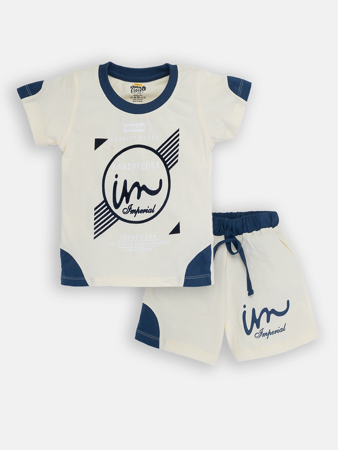 

AMUL Kandyfloss Boys Cream-Coloured & Blue Printed T-shirt with Shorts
