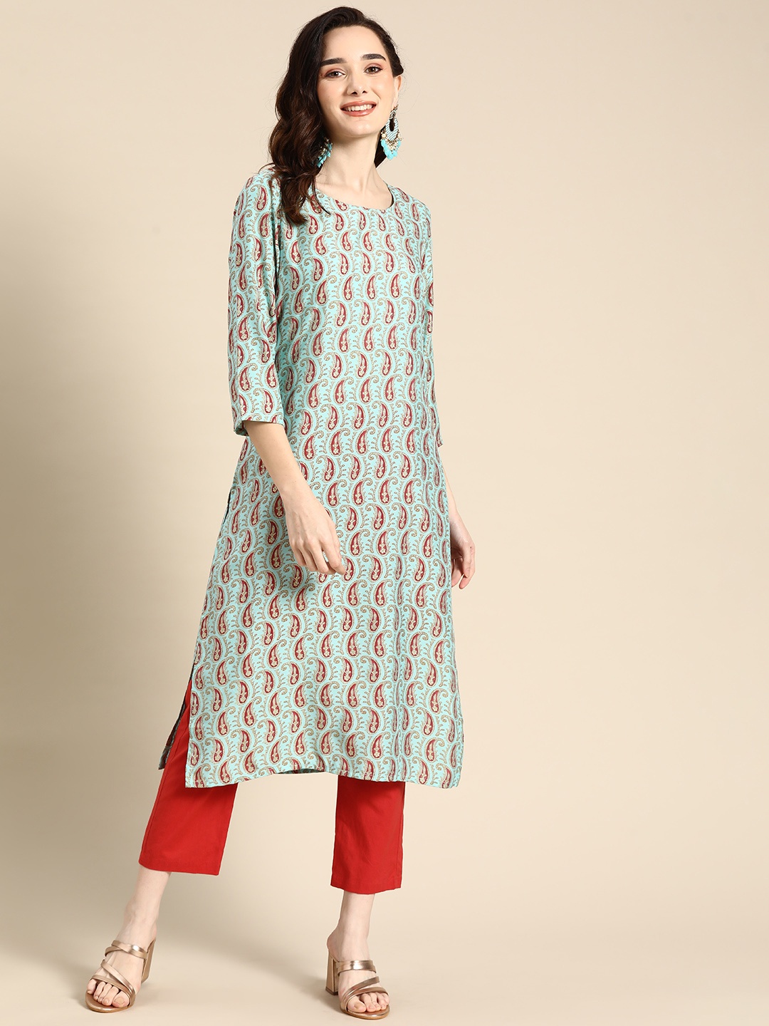 

Sangria Women Turquoise Blue & Red Ethnic Motifs Printed Kurta