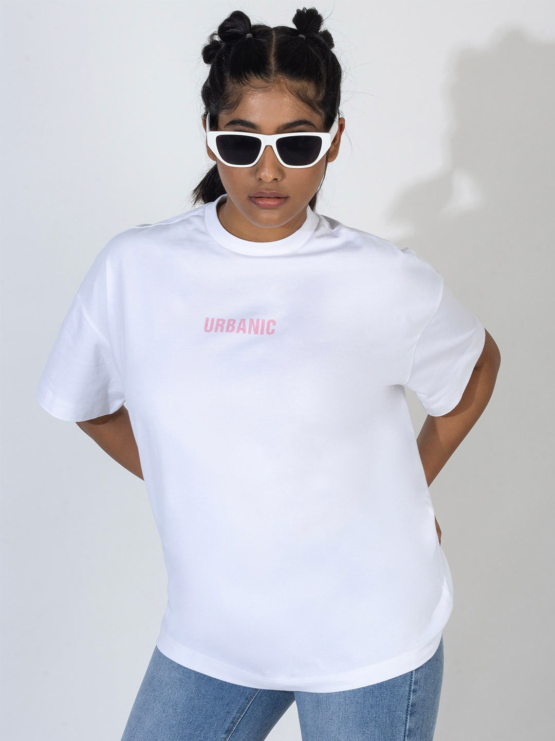 

URBANIC Women White & Pink Typography Printed Relaxed Fit Cotton T-shirt