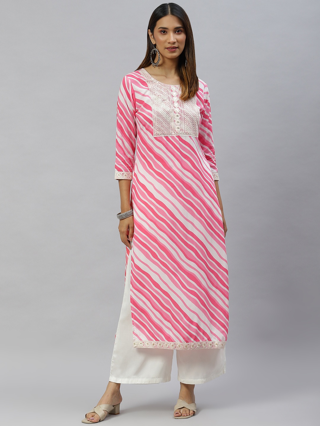 

mokshi Women Pink Leheriya Printed Sequinned Kurta with Palazzos