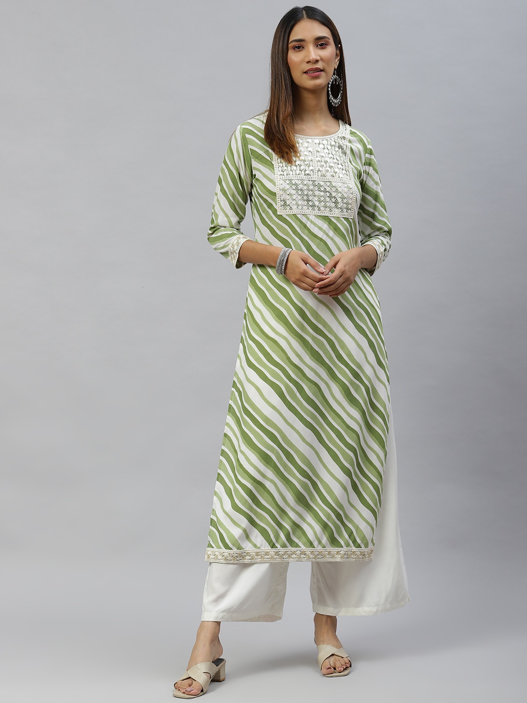

mokshi Women Green Leheriya Printed Sequinned Kurta with Palazzos