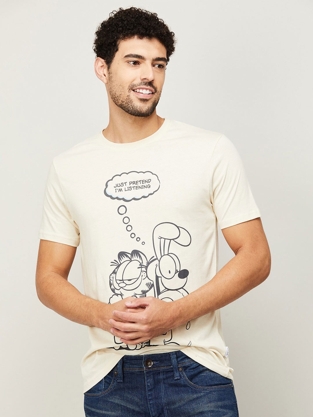 

Fame Forever by Lifestyle Men Beige Printed Raw Edge T-shirt
