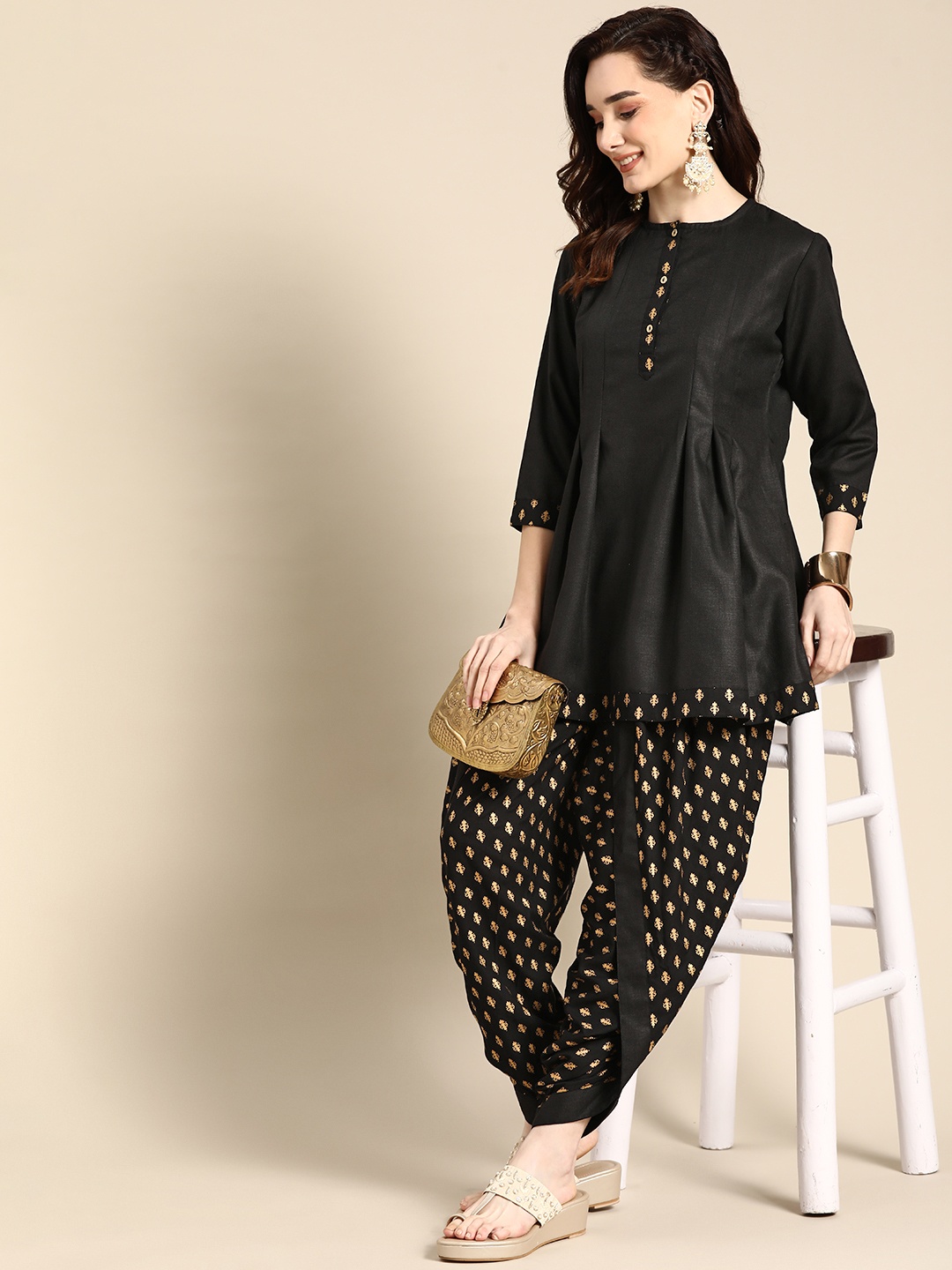 

Sangria Women Black Ethnic Motifs Pleated Kurta with Dhoti Pants