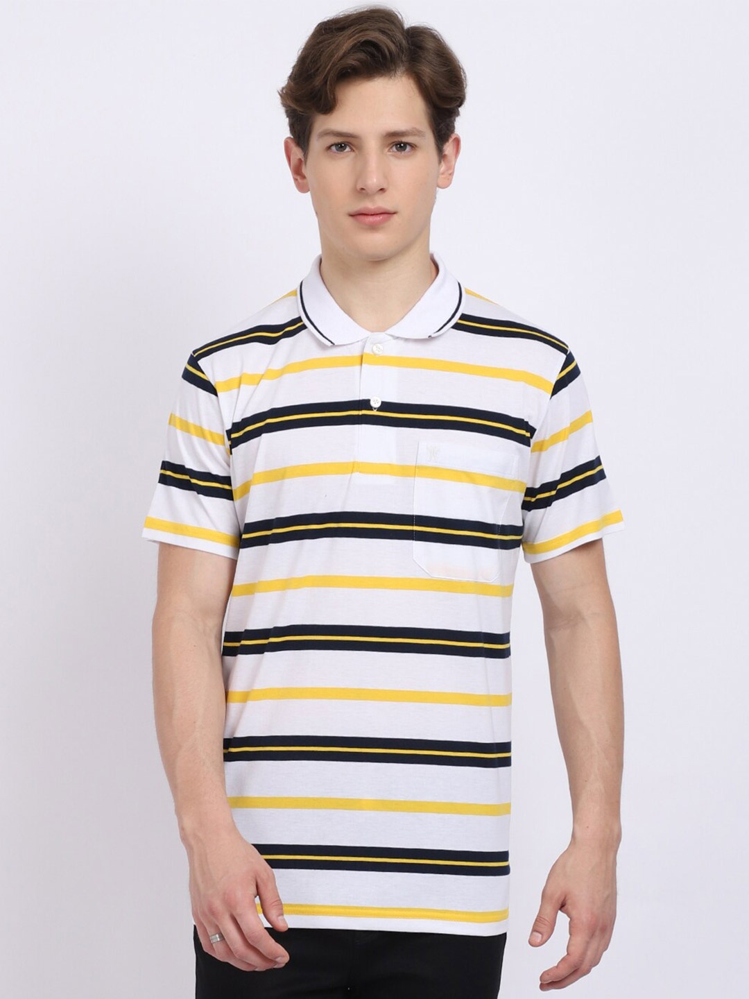 

VENITIAN Men White Striped Polo Collar T-shirt