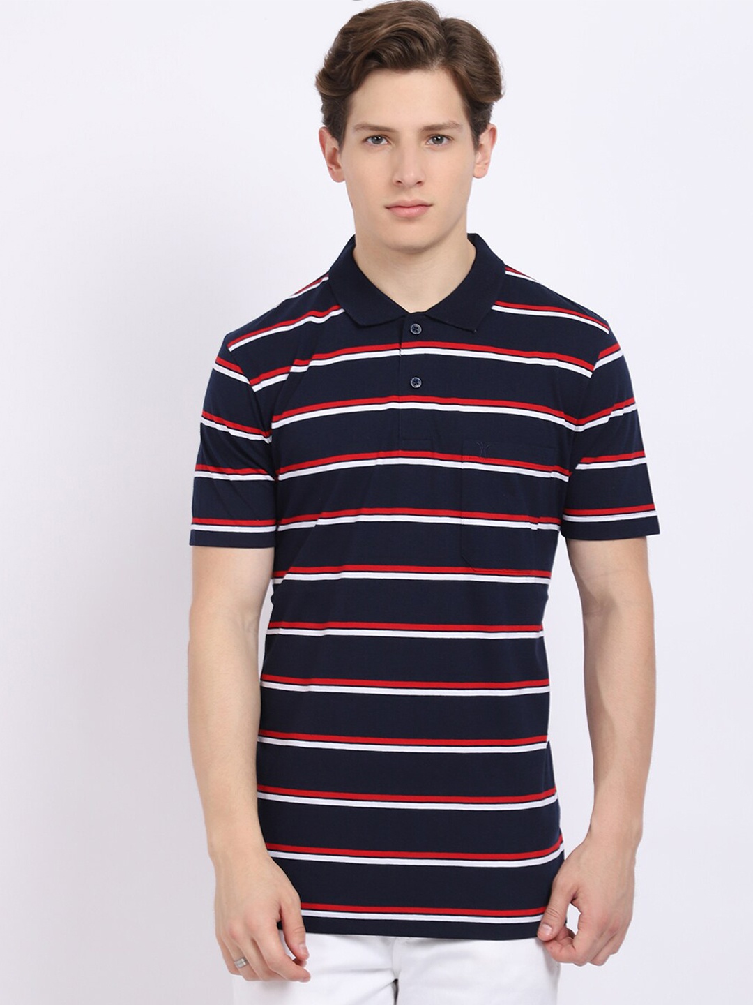 

VENITIAN Men Navy Blue Striped Polo Collar T-shirt