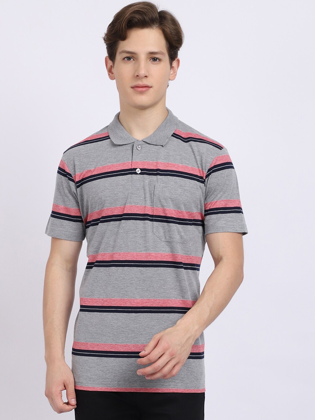 

VENITIAN Men Grey Striped Polo Collar T-shirt