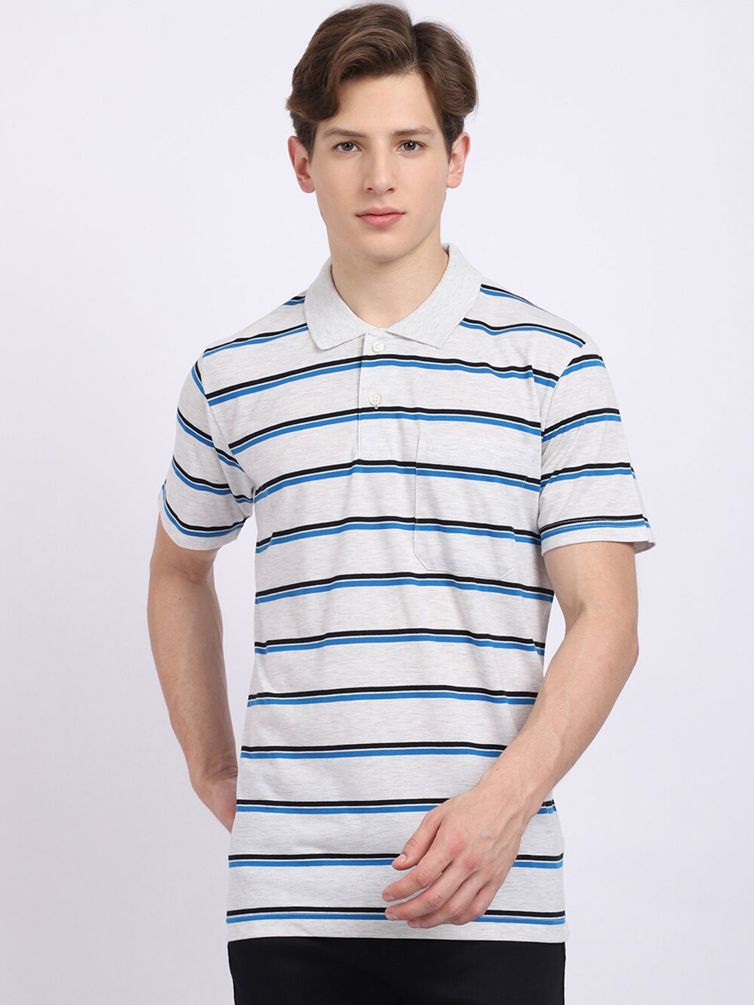 

VENITIAN Men Grey Melange Striped Polo Collar T-shirt