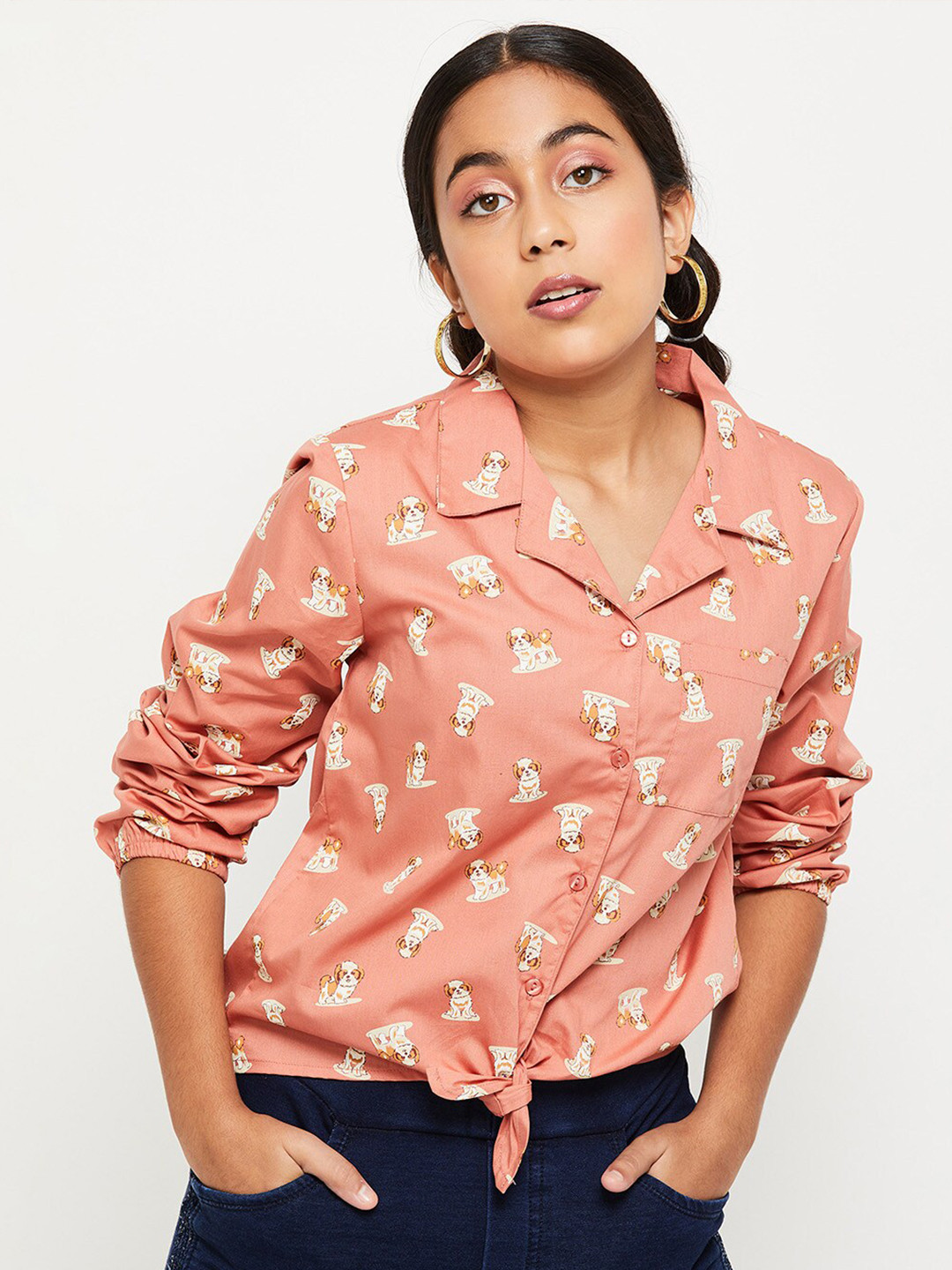 

max Girls Peach-Coloured Print Shirt Style Top