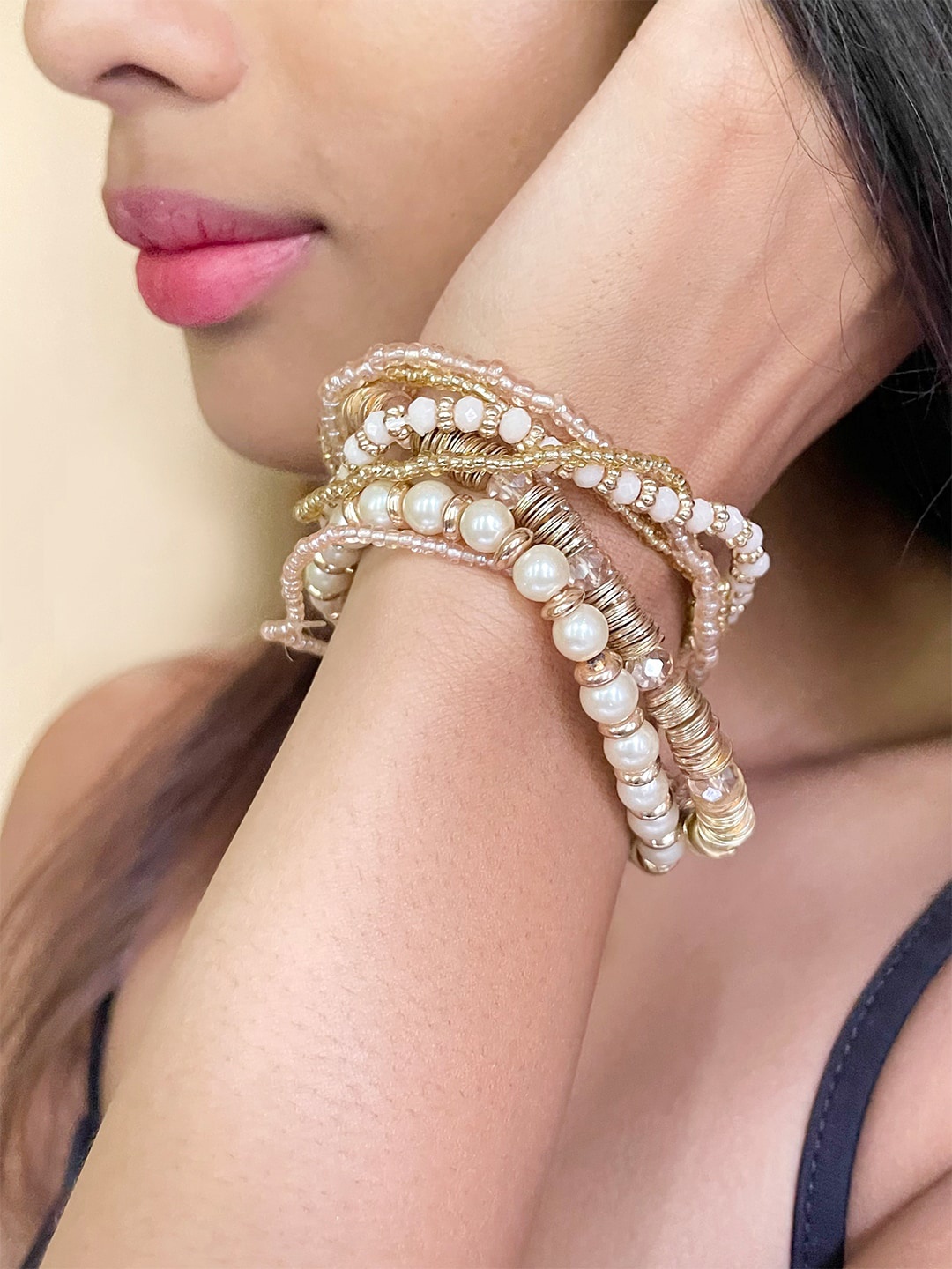 

Ayesha Women Beaded Multilayered Gold Bracelet