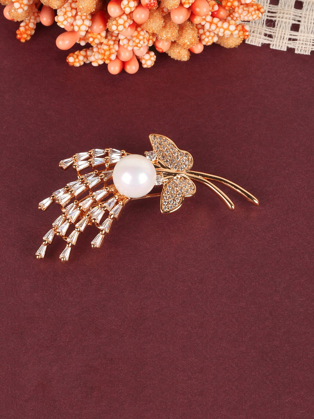

JEWELS GEHNA Women Gold-Plated White CZ Studded Brooch