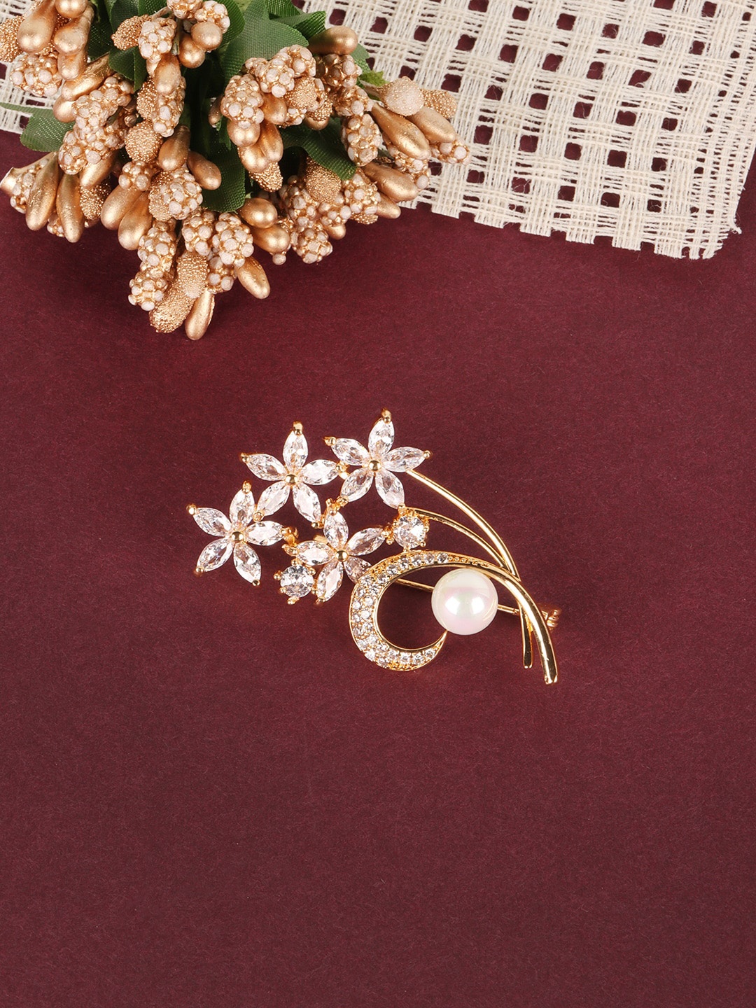 

JEWELS GEHNA Women Gold-Plated White CZ Studded Brooch