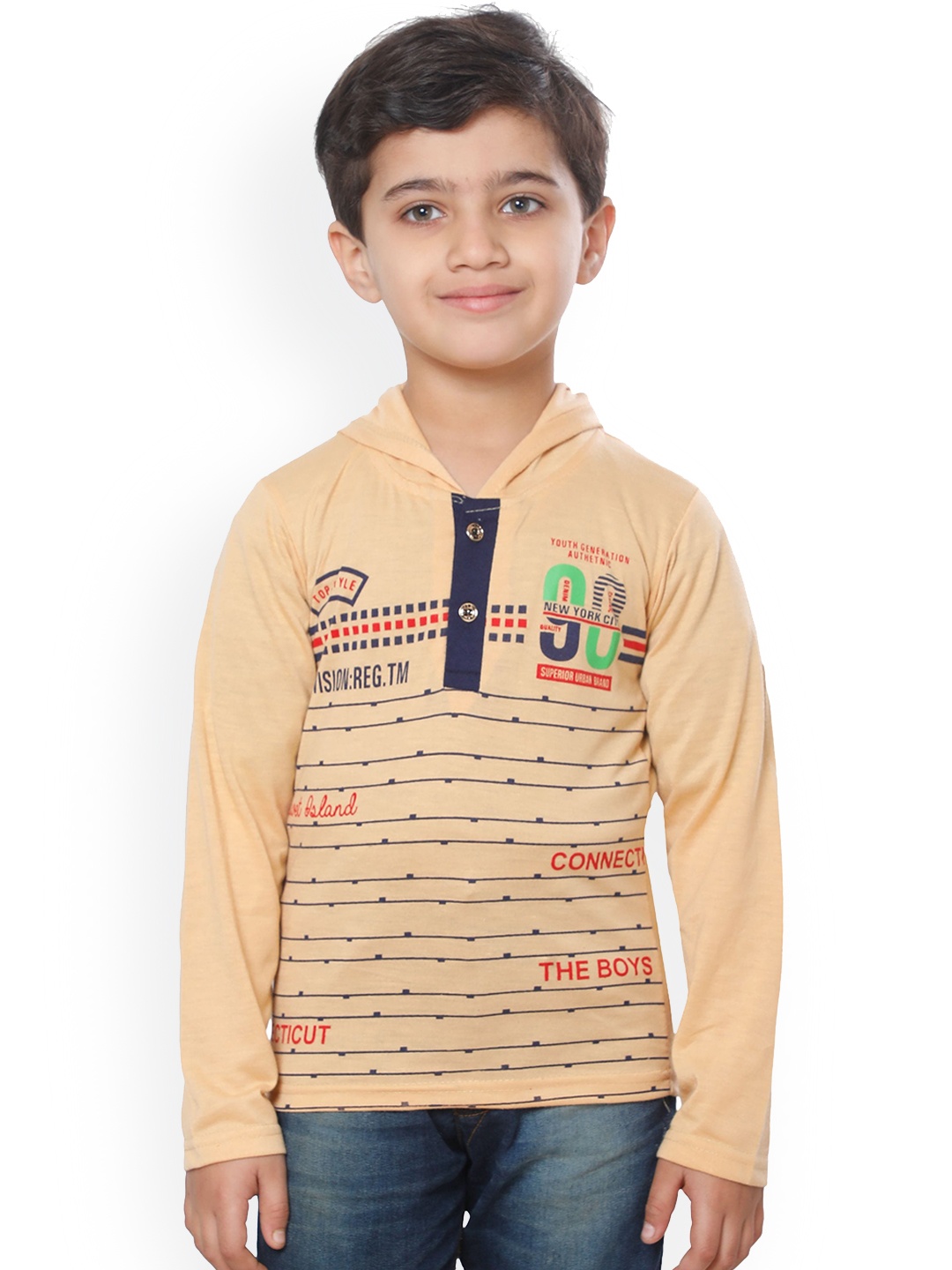 

FOURFOLDS Boys Beige Printed Hooded T-shirt