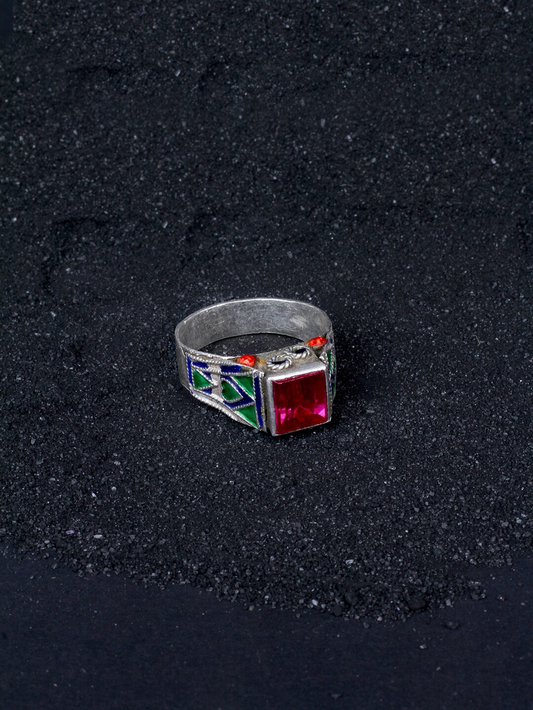 

SANGEETA BOOCHRA 925 Sterling Silver Silver Coloured Pink & Green CZ Studded Afghan Finger Ring