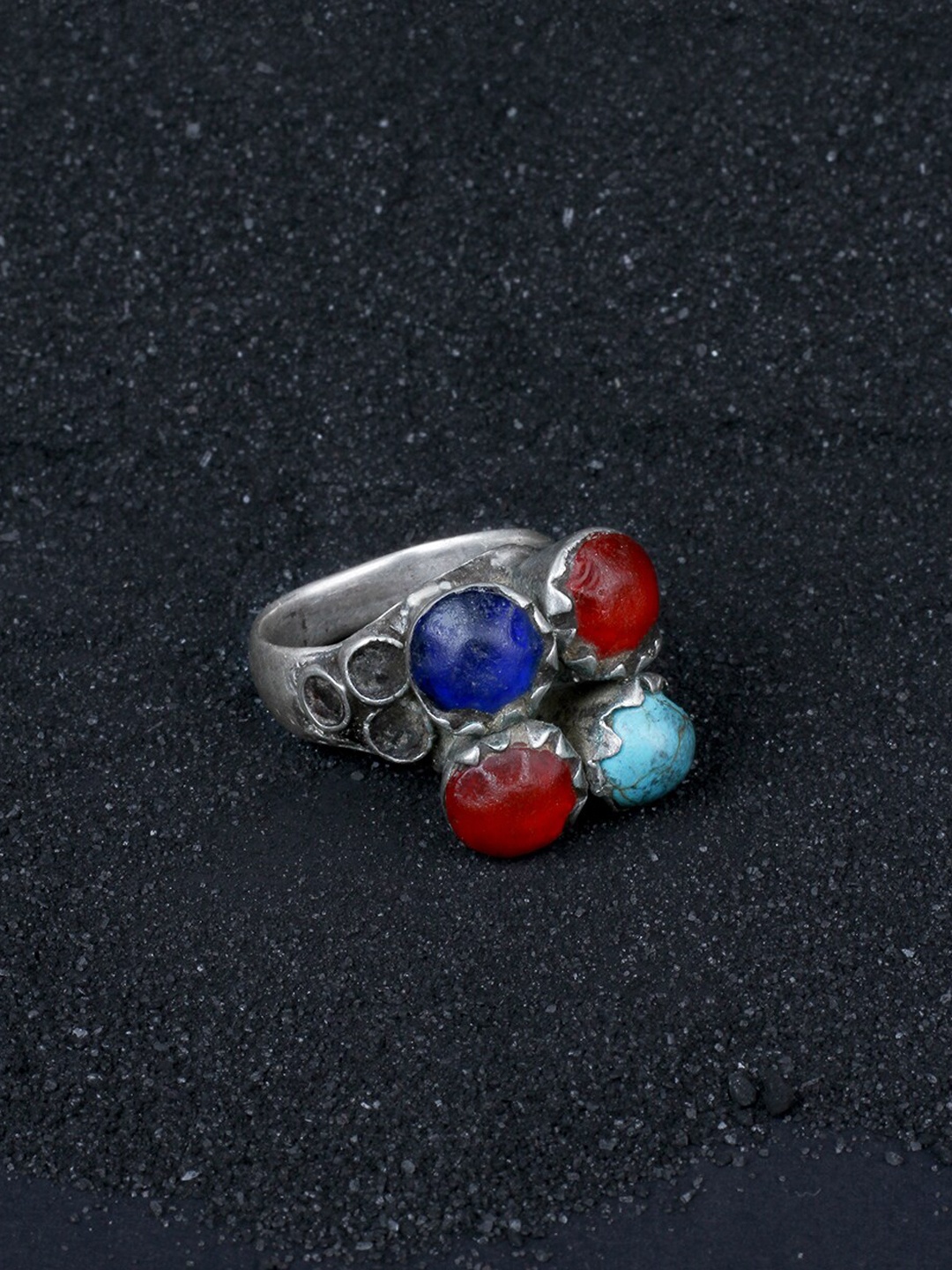 

SANGEETA BOOCHRA Silver Coloured Red & Blue CZ Studded Afghan Finger Ring