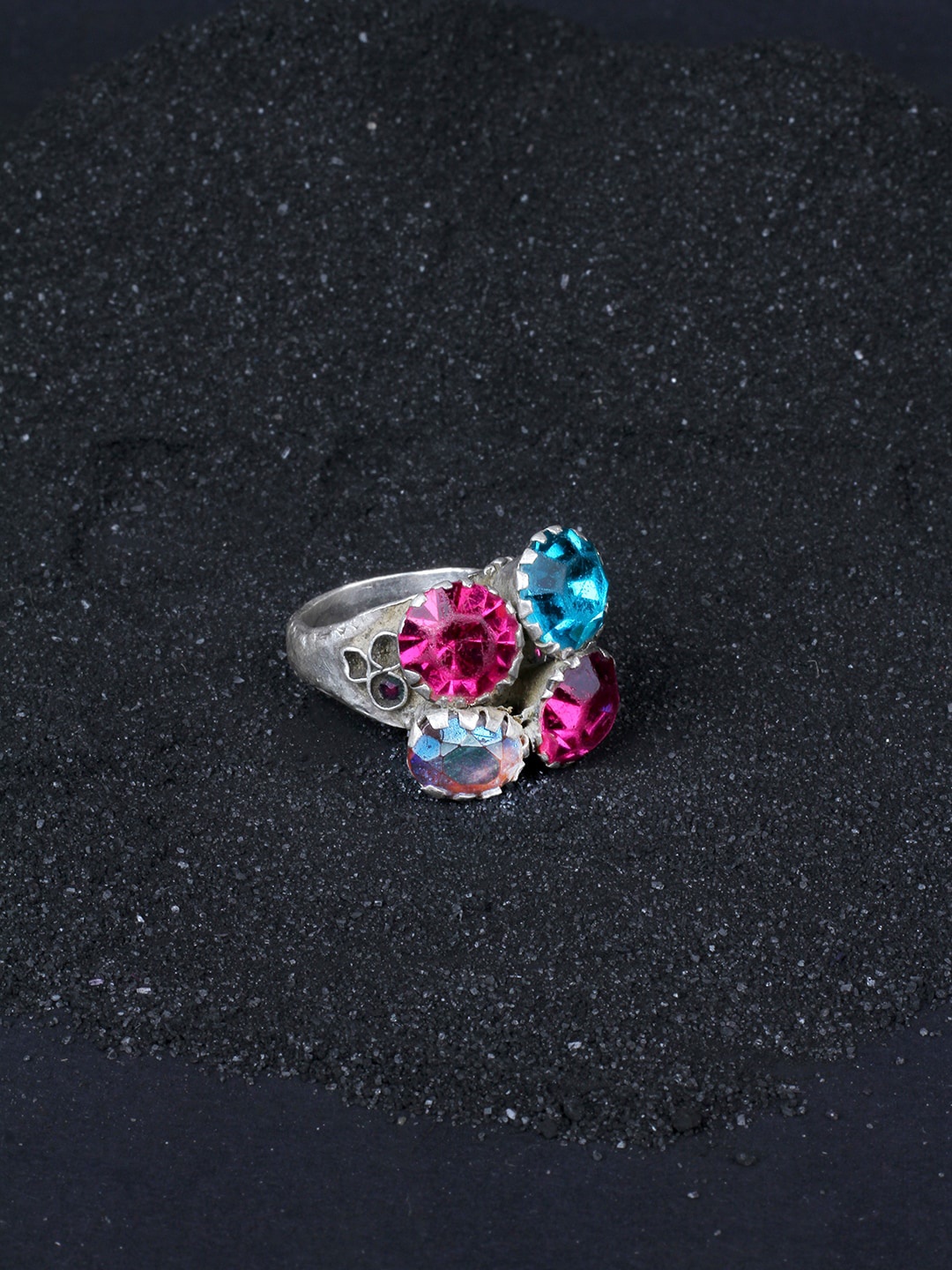 

SANGEETA BOOCHRA Silver-Toned Pink & Blue CZ-Studded Afghan Finger Ring