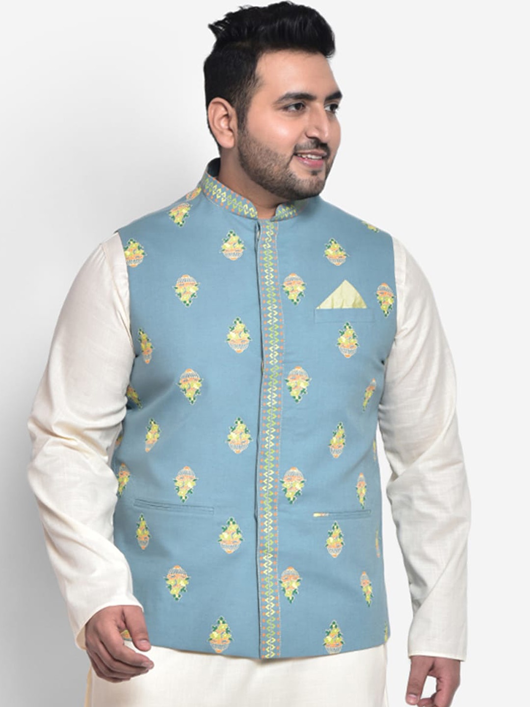 

KISAH PLUS Men Blue & Off-White Printed Nehru Jackets