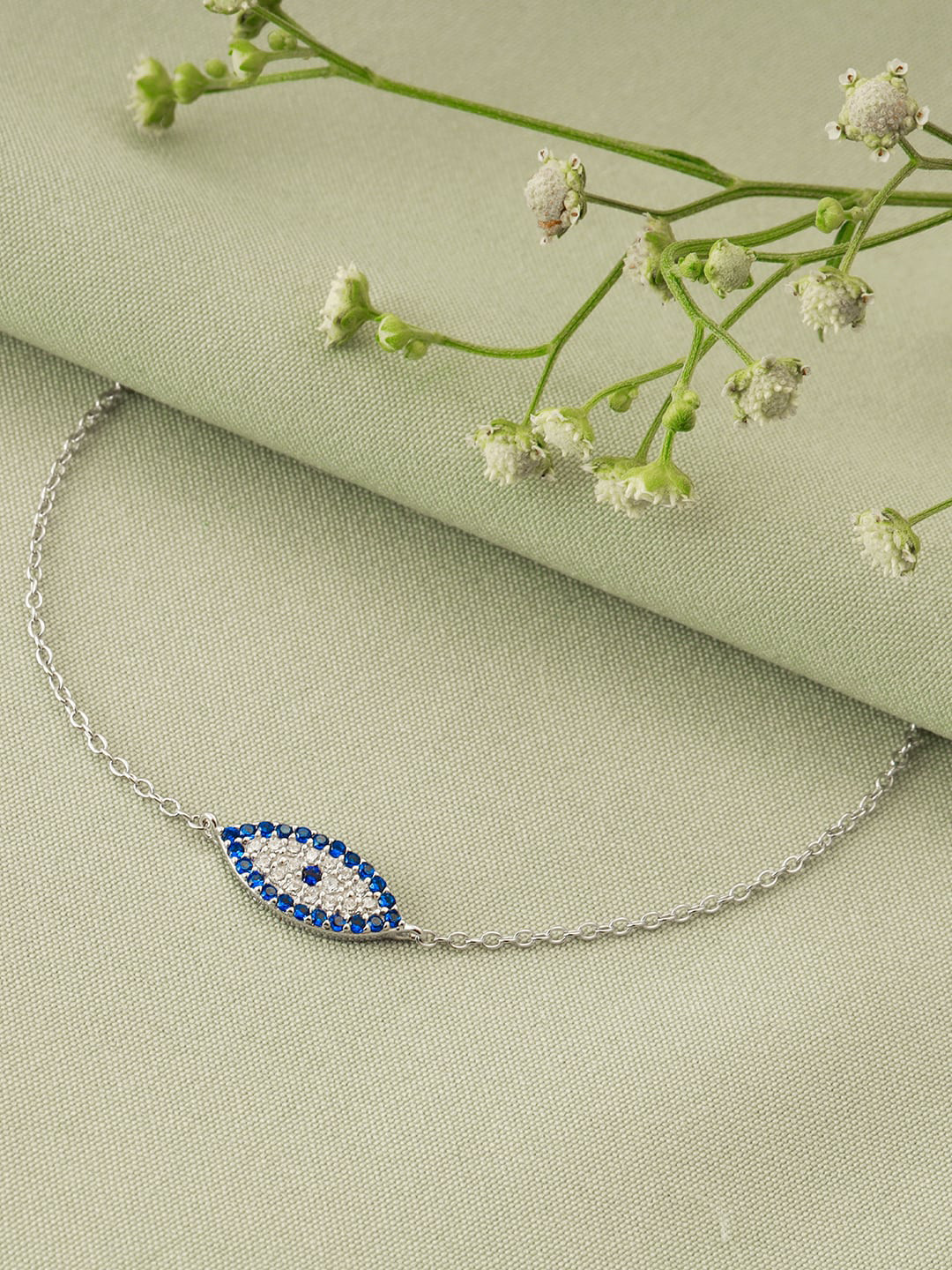 

GIVA Women Silver-Toned & Blue Sterling Silver Rhodium-Plated Link Evil Eye Bracelet