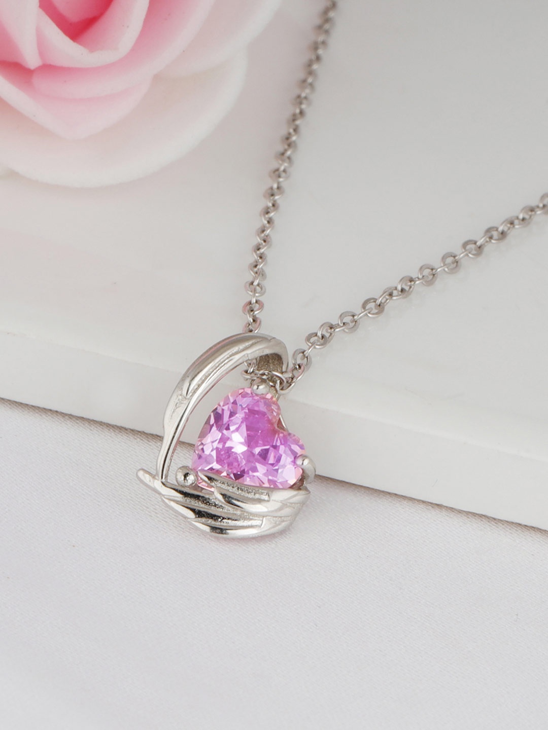 

GIVA 925 Sterling Silver Rhodium-Plated & Pink Cubic Zirconia Studded Pendant With Chain