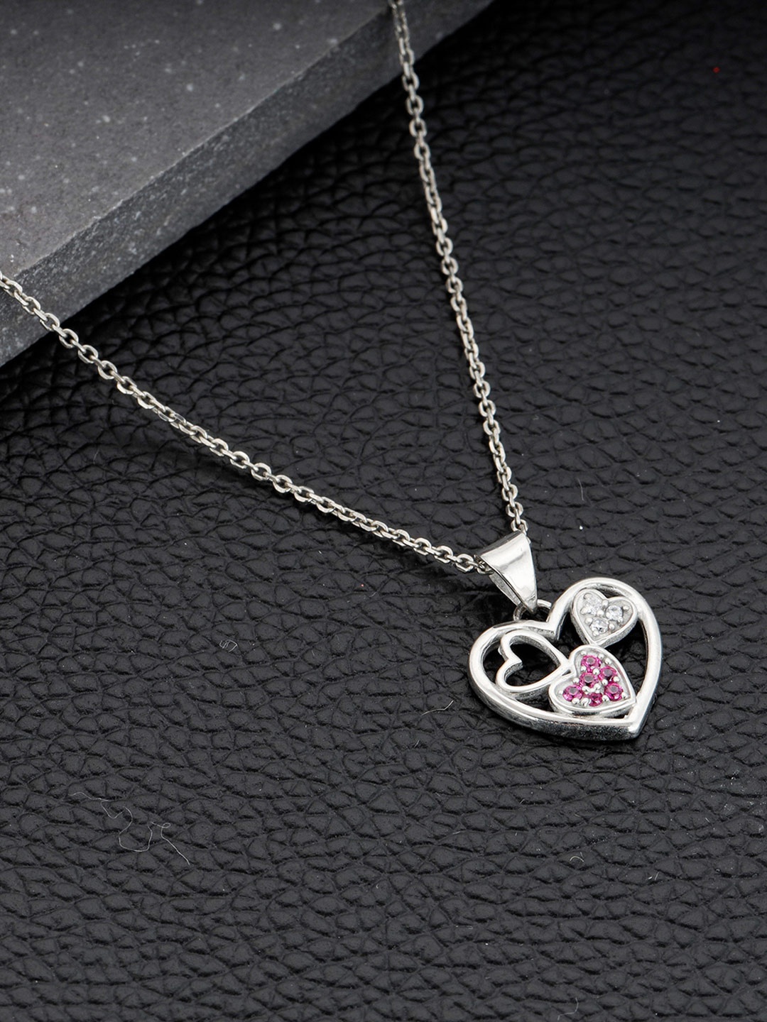 

GIVA 925 Sterling Sliver Rhodium-Plated Pink Stone-Studded Heart Pendant, Silver