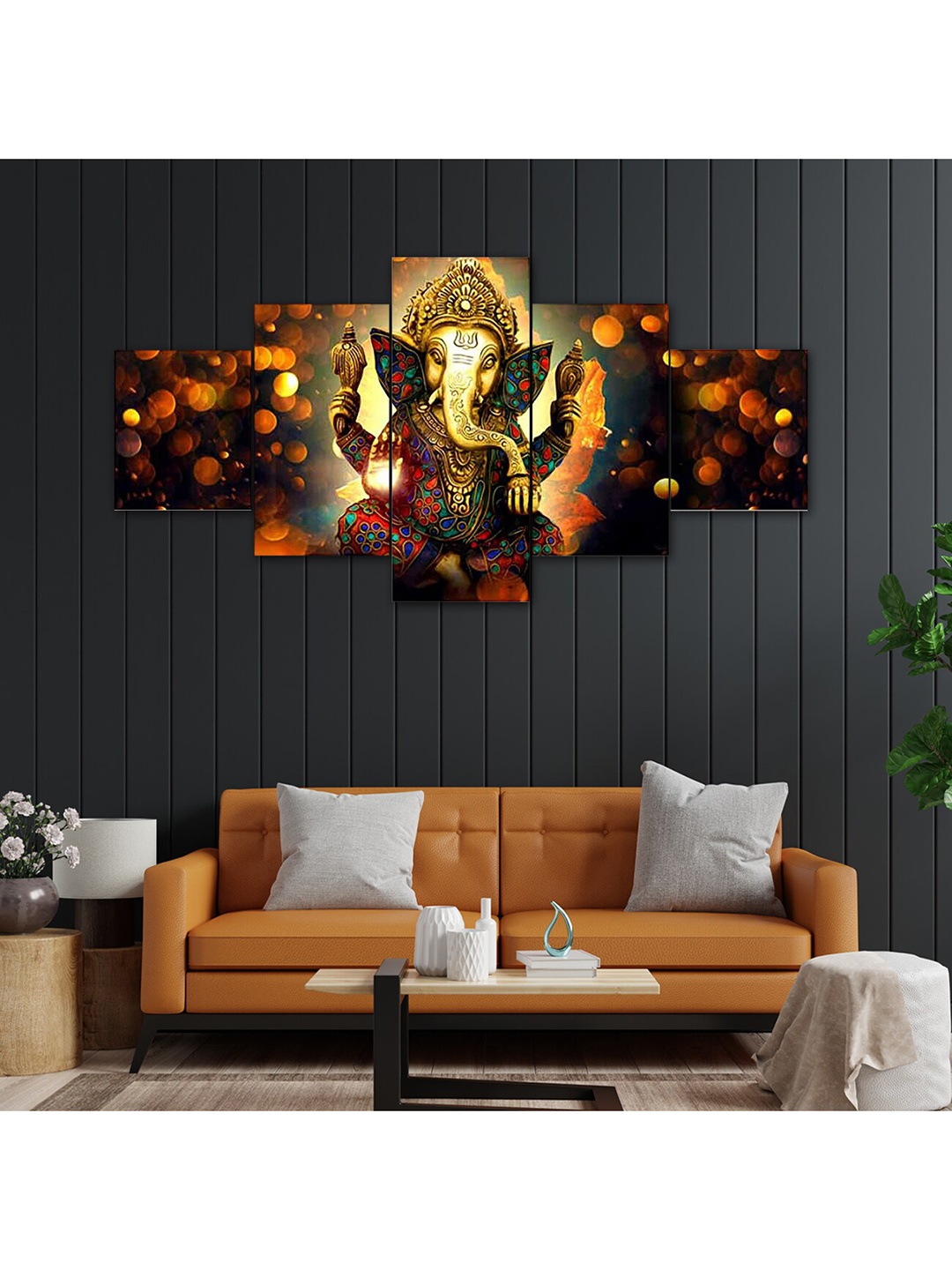 

Perpetual Set Of 5 Multicoloured Ganesha Painting Wall Art, Gold