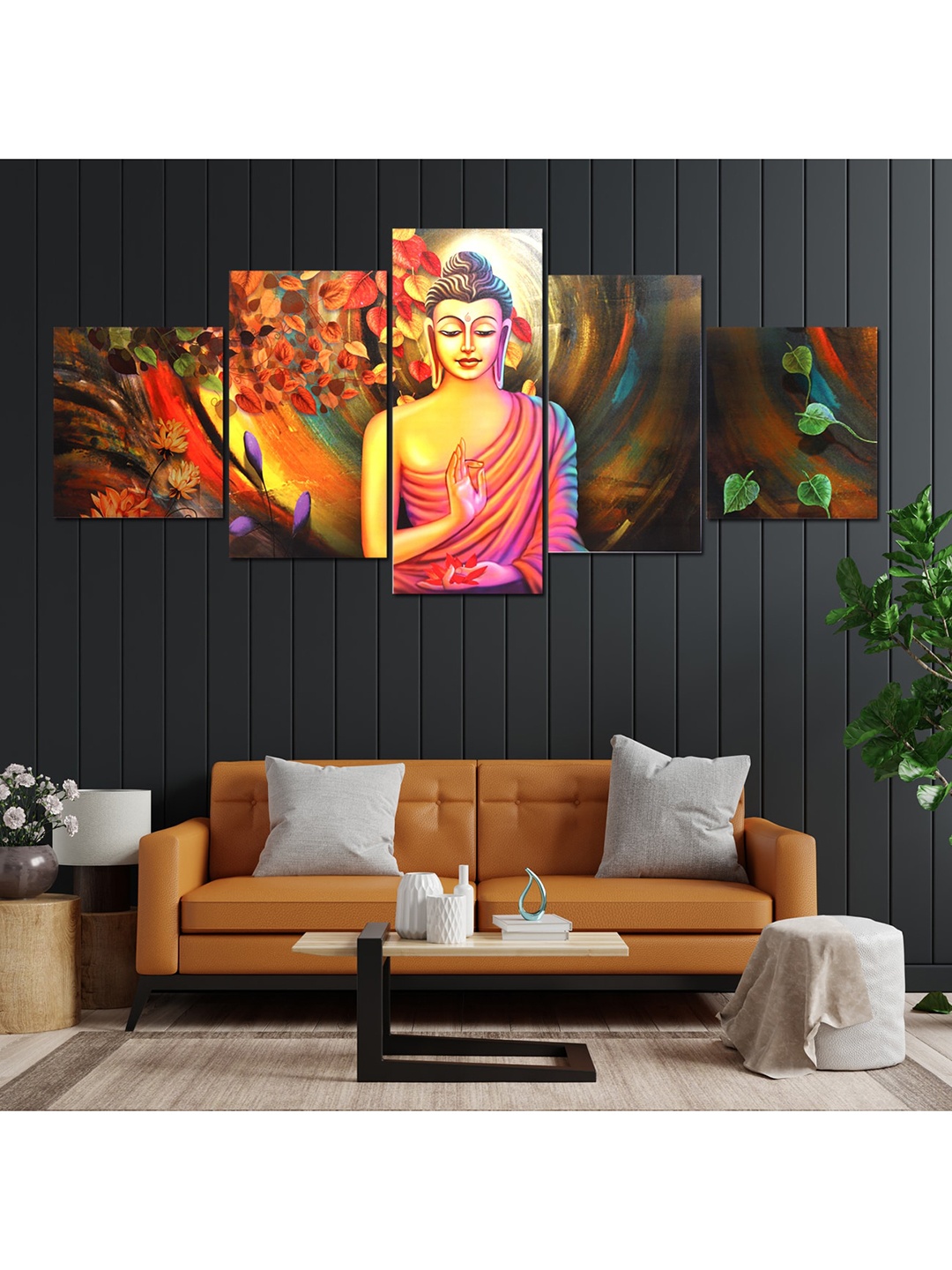 

Perpetual Multicoloured Set of 5 Buddha Wall Paintings, Multi