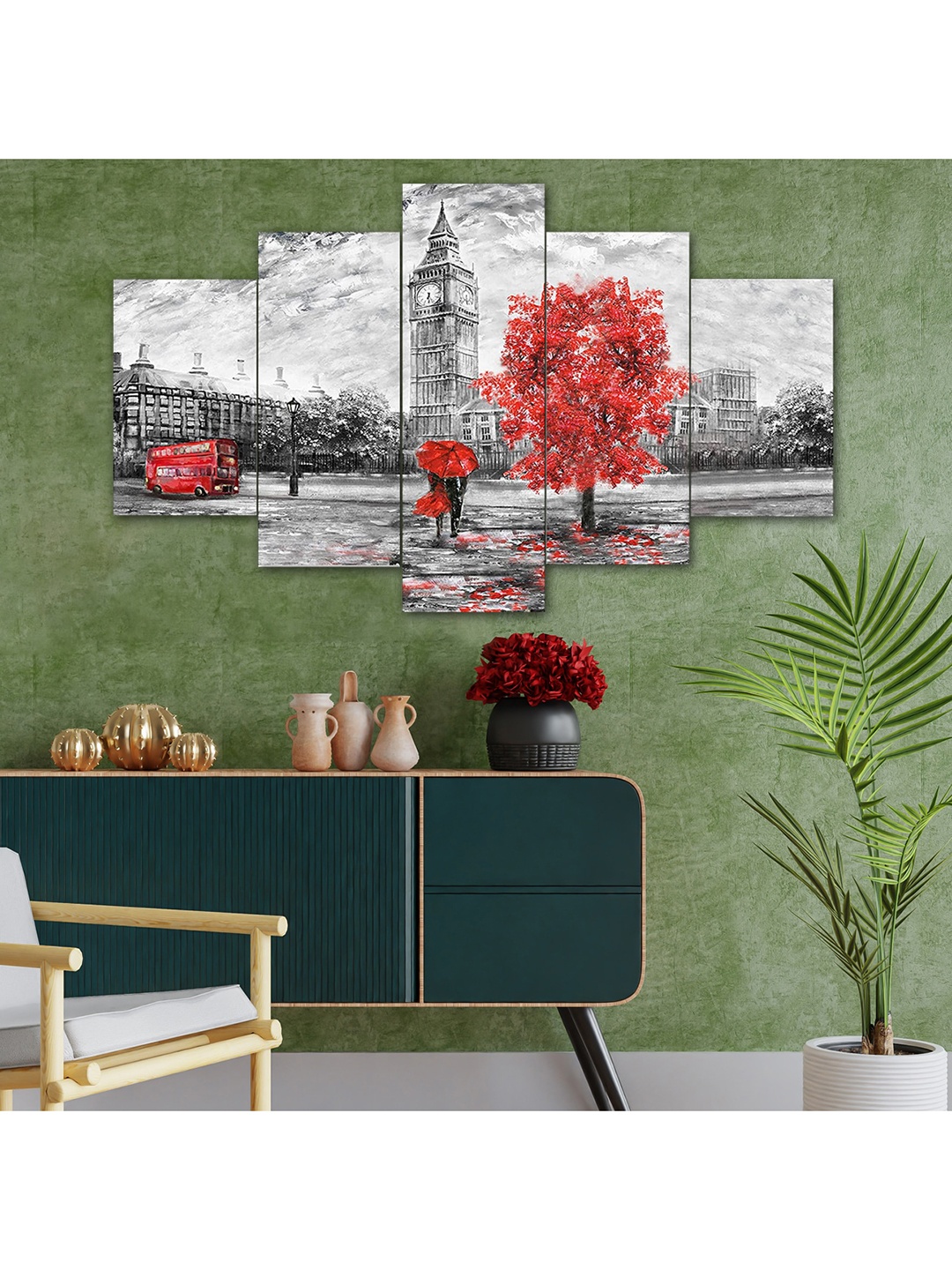 

Perpetual Set Of 5 Grey & Red Couple Scenery Wall Painting