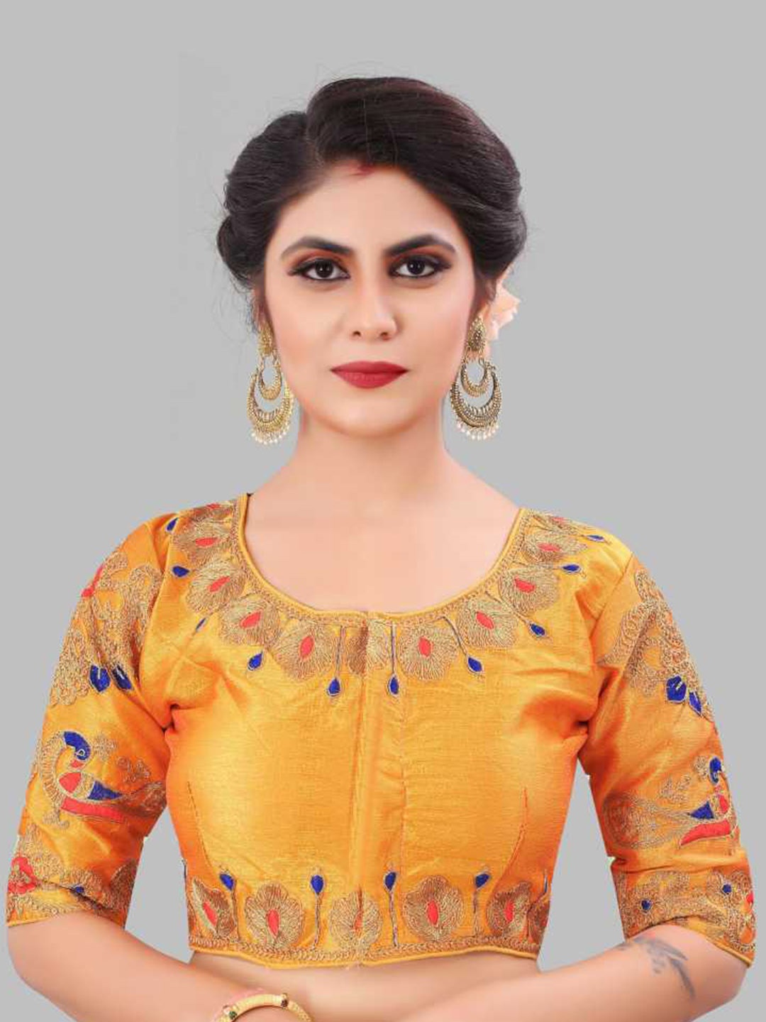 

LINARO LIFESTYLES Women Yellow & Blue Embroidered Ready-Made Saree Blouse