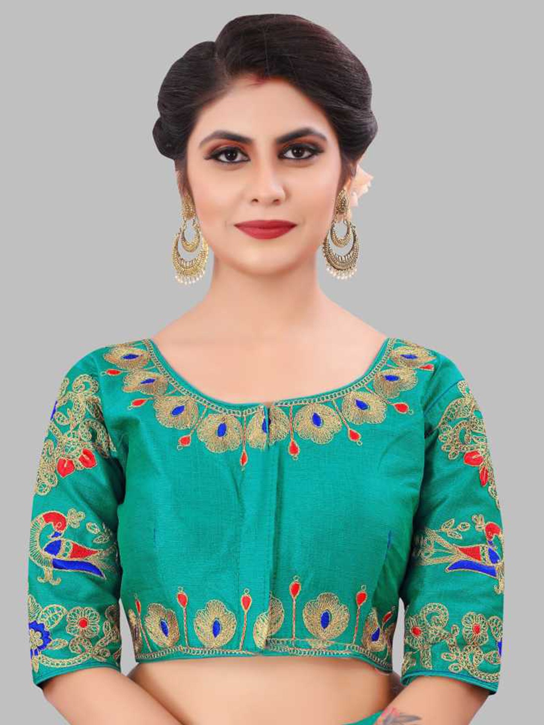 

LINARO LIFESTYLES Women Teal Peacock Feather Embroidered Saree Blouse