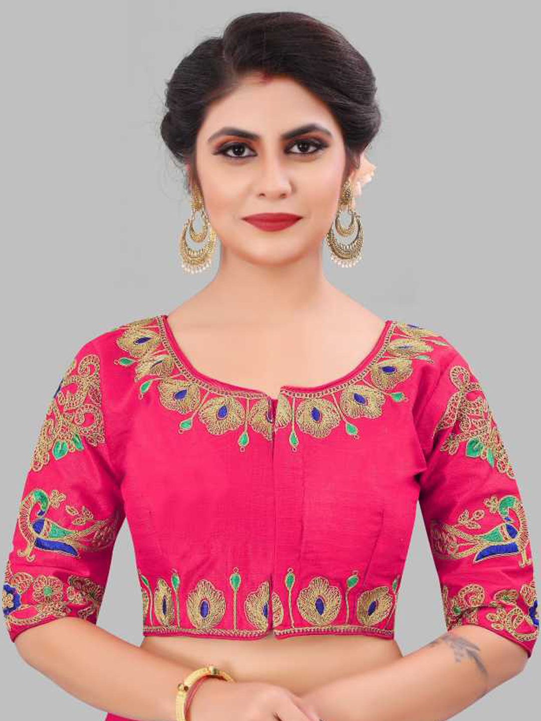 

LINARO LIFESTYLES Women Pink Peacock Leaf Embroidered Saree Blouse