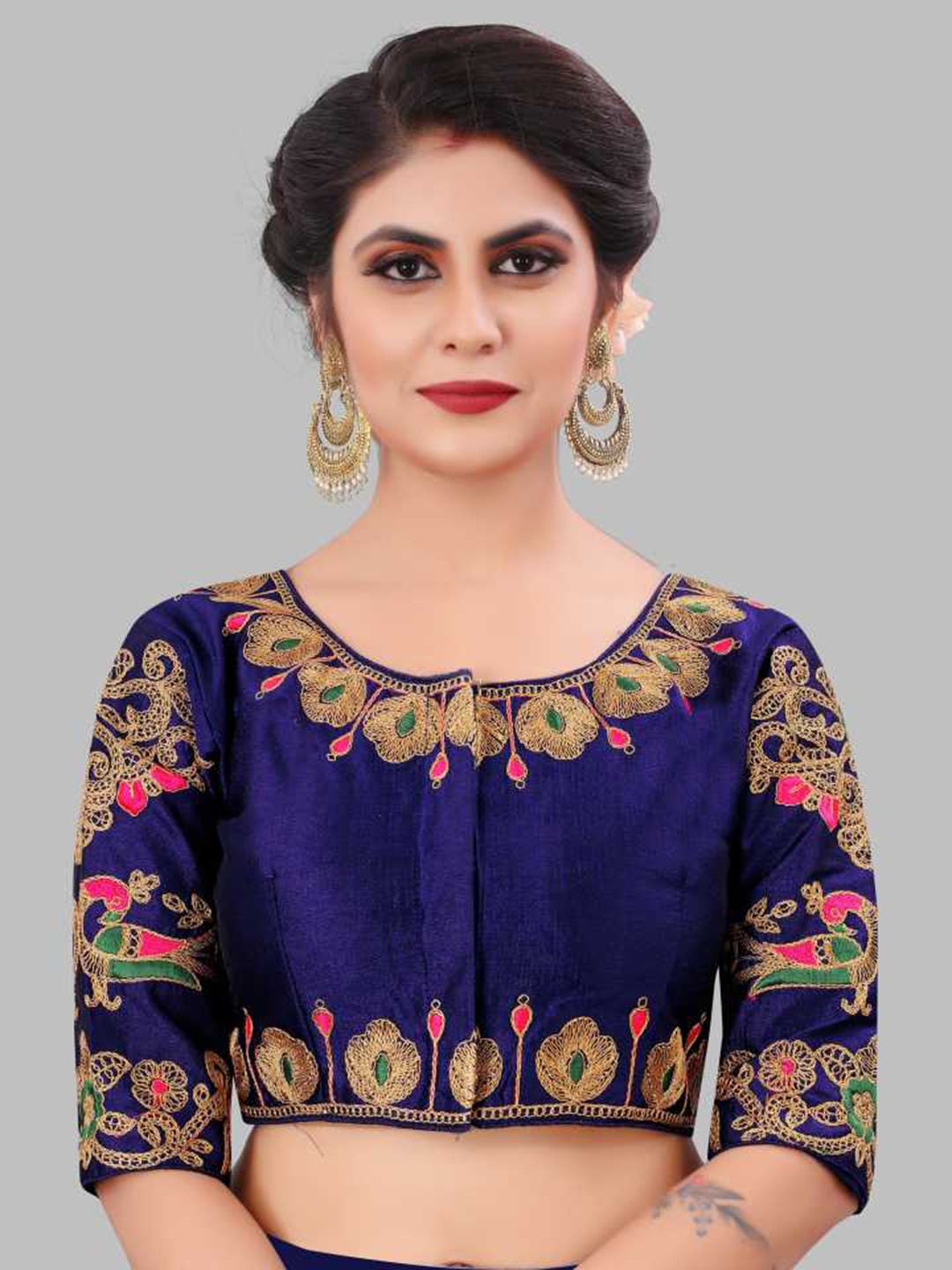 

LINARO LIFESTYLES Women Navy Blue & Pink Embroidered Ready-Made Saree Blouse