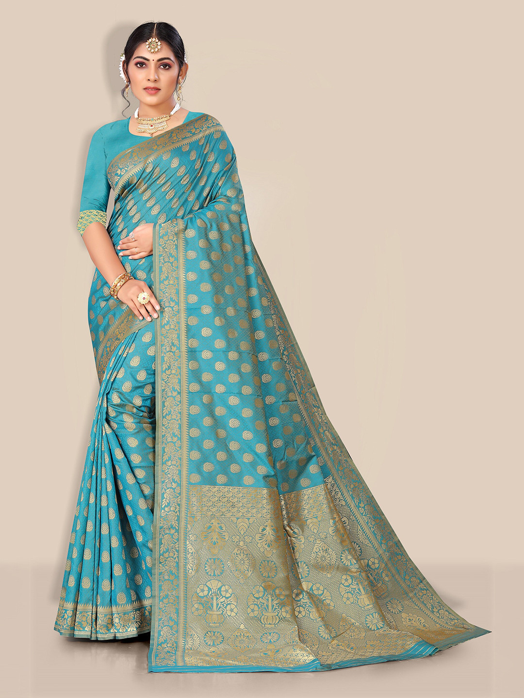 

Rivana Teal & Gold-Toned Woven Design Zari Pure Silk Banarasi Saree