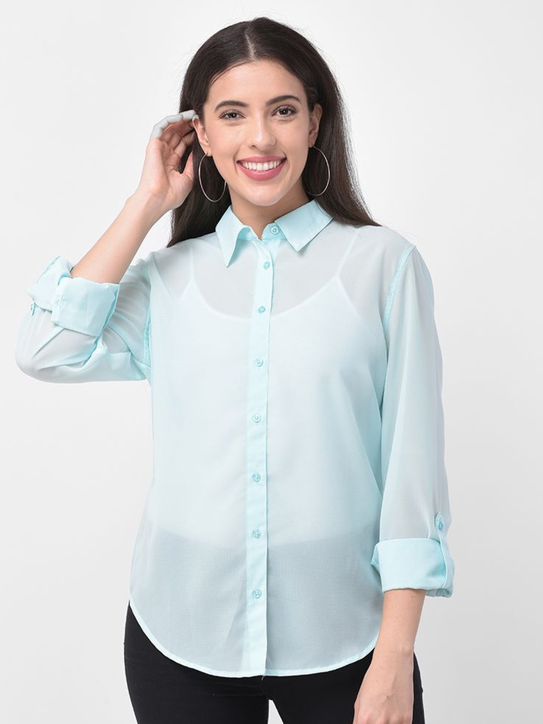 

250 DESIGNS Women Blue Semi Sheer Casual Shirt