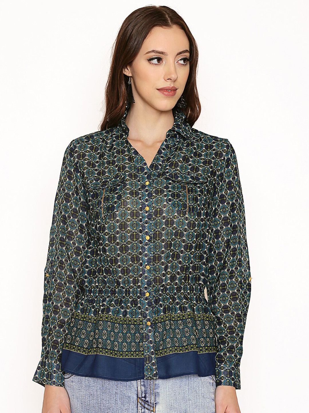 

250 DESIGNS Women Blue Printed Party Shirt