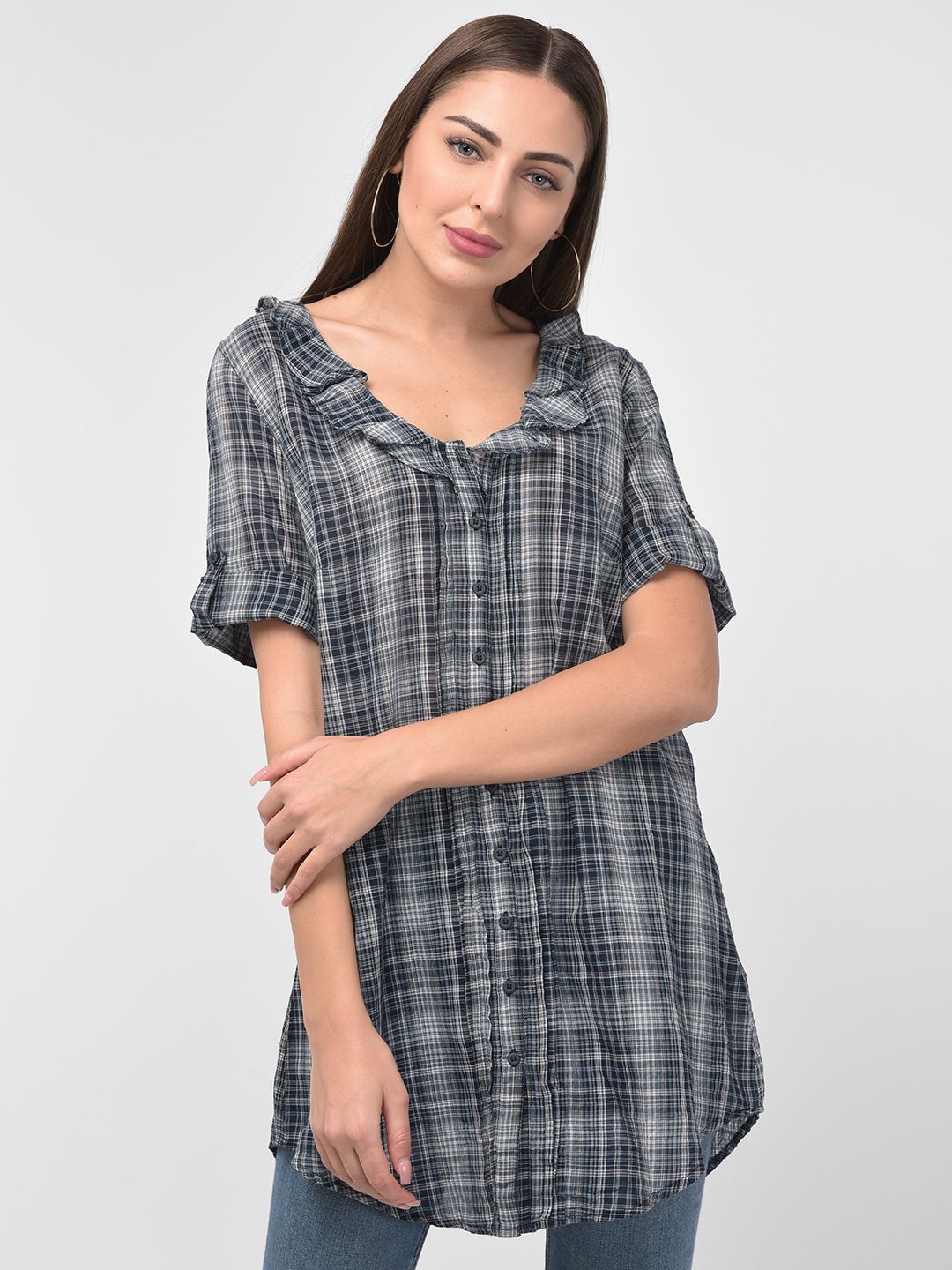 

250 DESIGNS Women Blue Tartan Checks Checked Casual Shirt