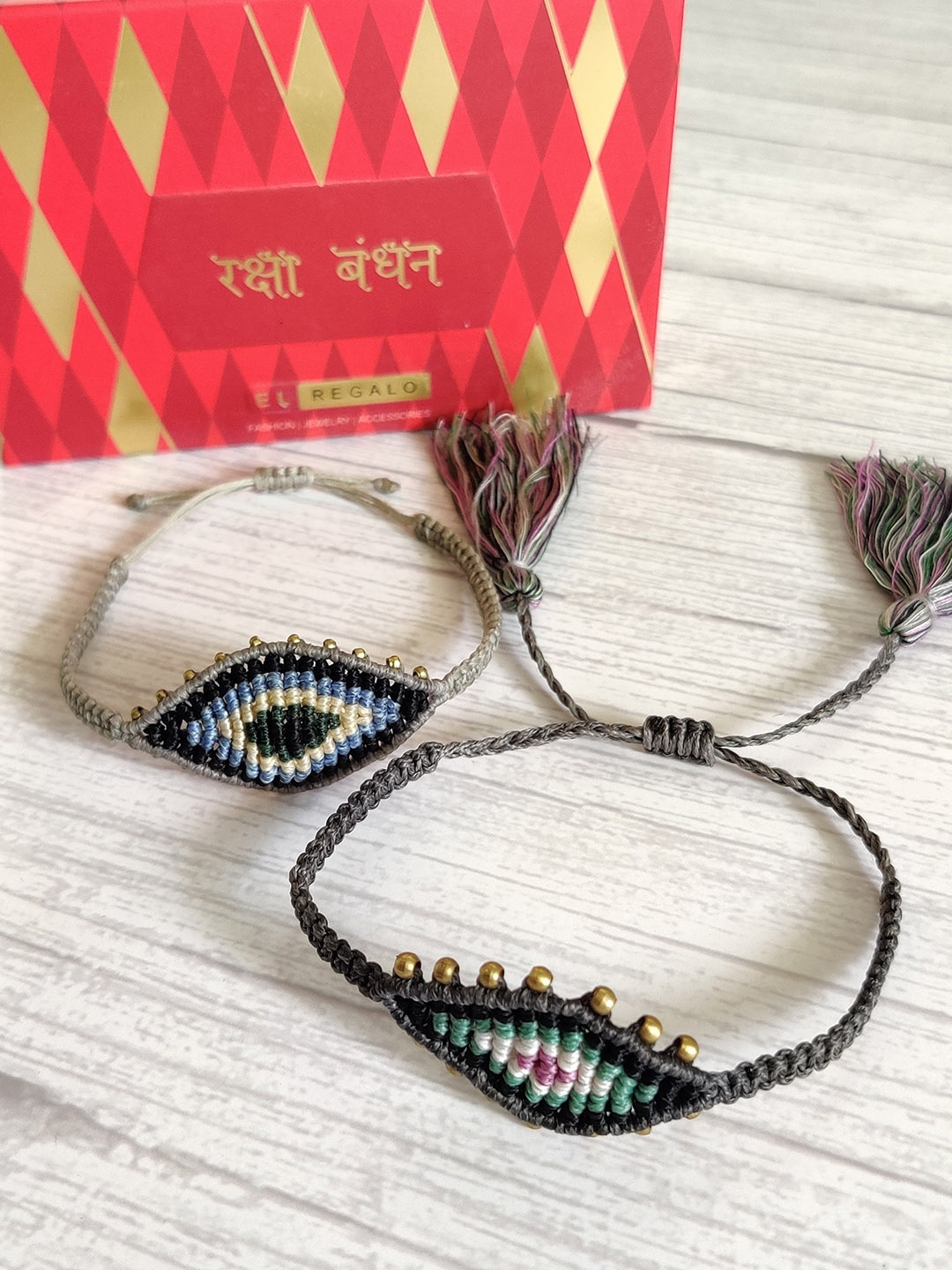 

EL REGALO Set Of 2 Blue & Grey Rakhi With Roli Chawal & Raksha Bandhan Greeting Card