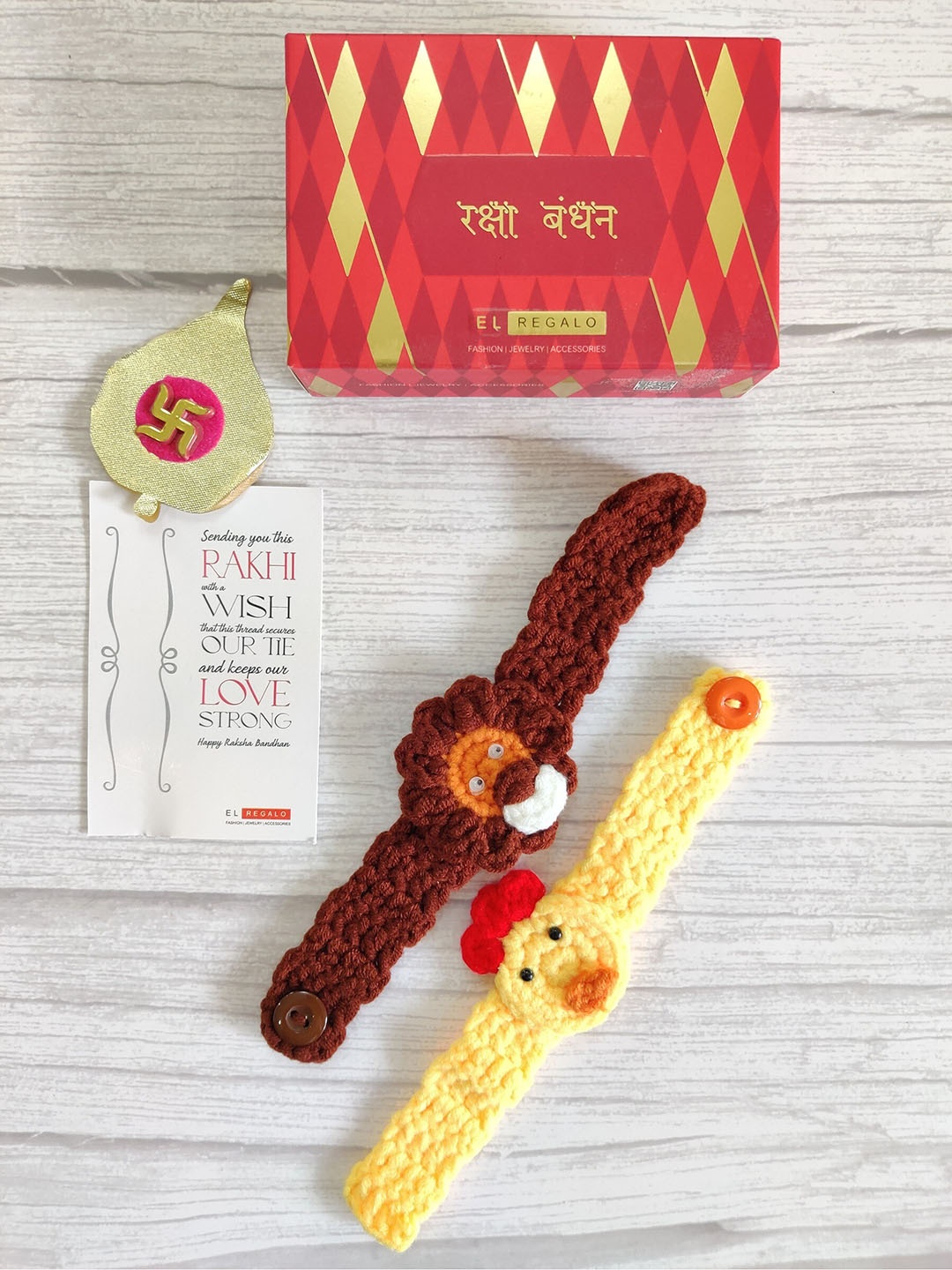 

EL REGALO Baby Yellow Brown Set of 2 Knitted Rakhi