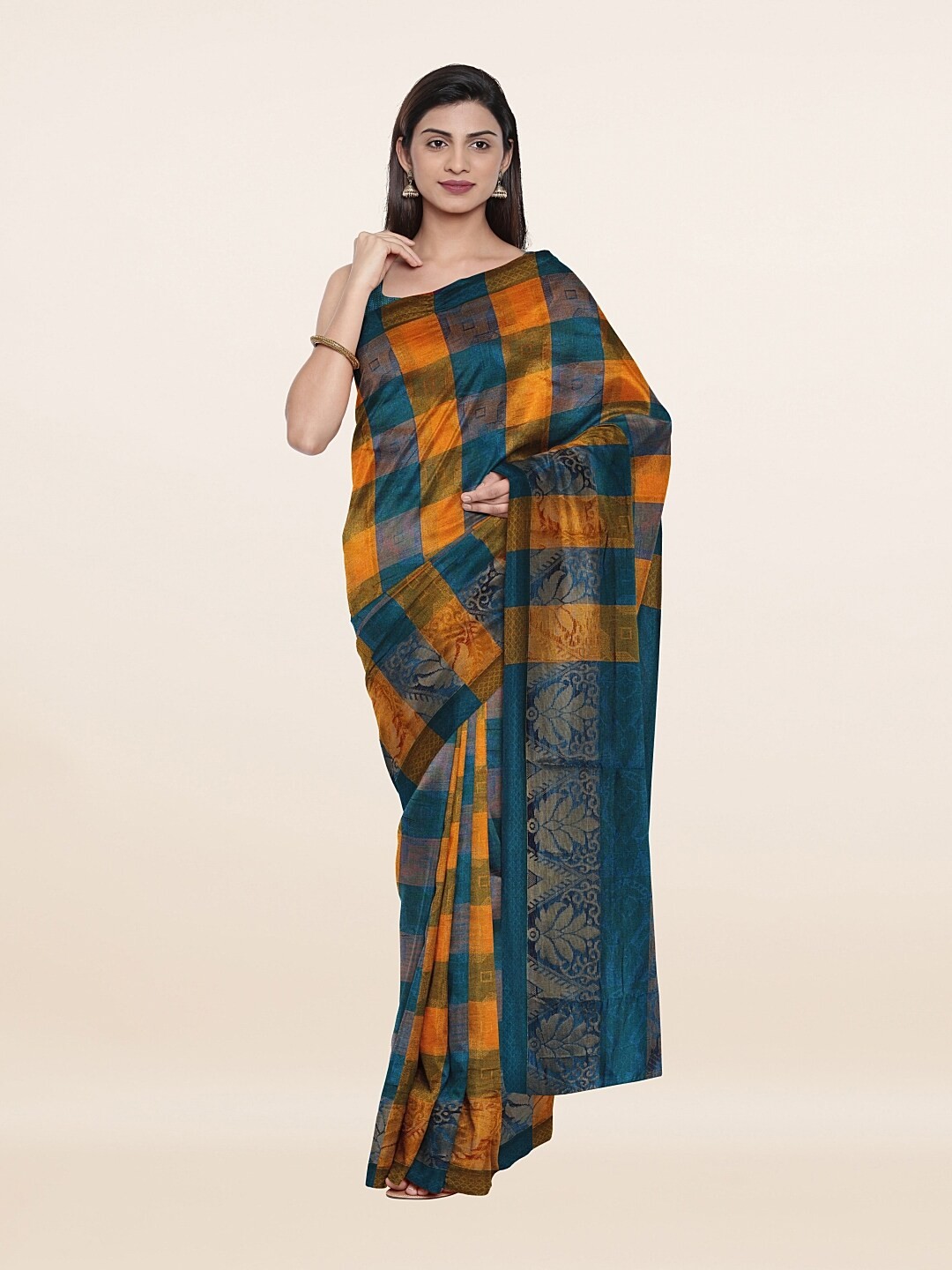 

Pothys Blue & Orange Checked Zari Saree