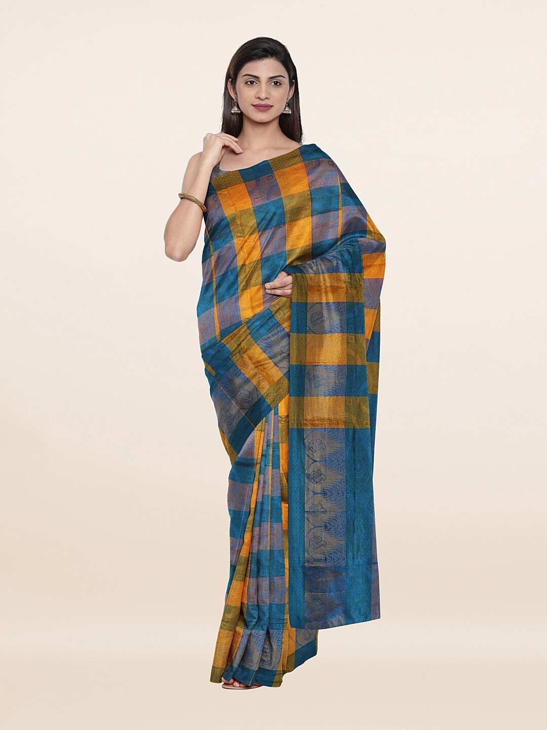 

Pothys Blue & Mustard Checked Zari Saree