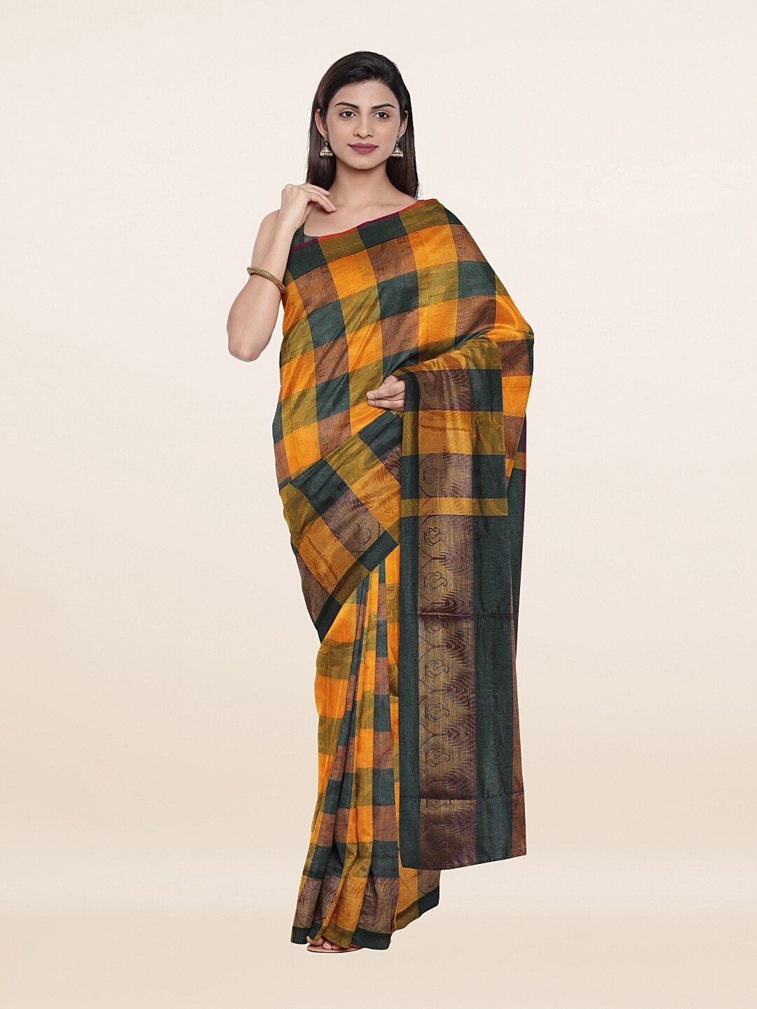

Pothys Orange & Brown Checked Zari Saree