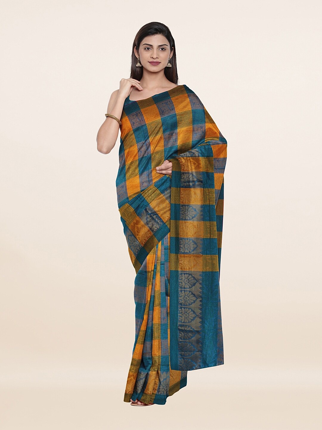 

Pothys Orange & Blue Checked Zari Saree