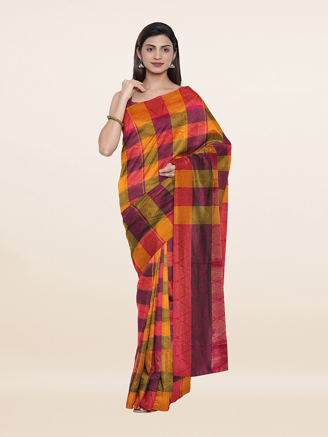 

Pothys Pink & Mustard Checked Zari Saree