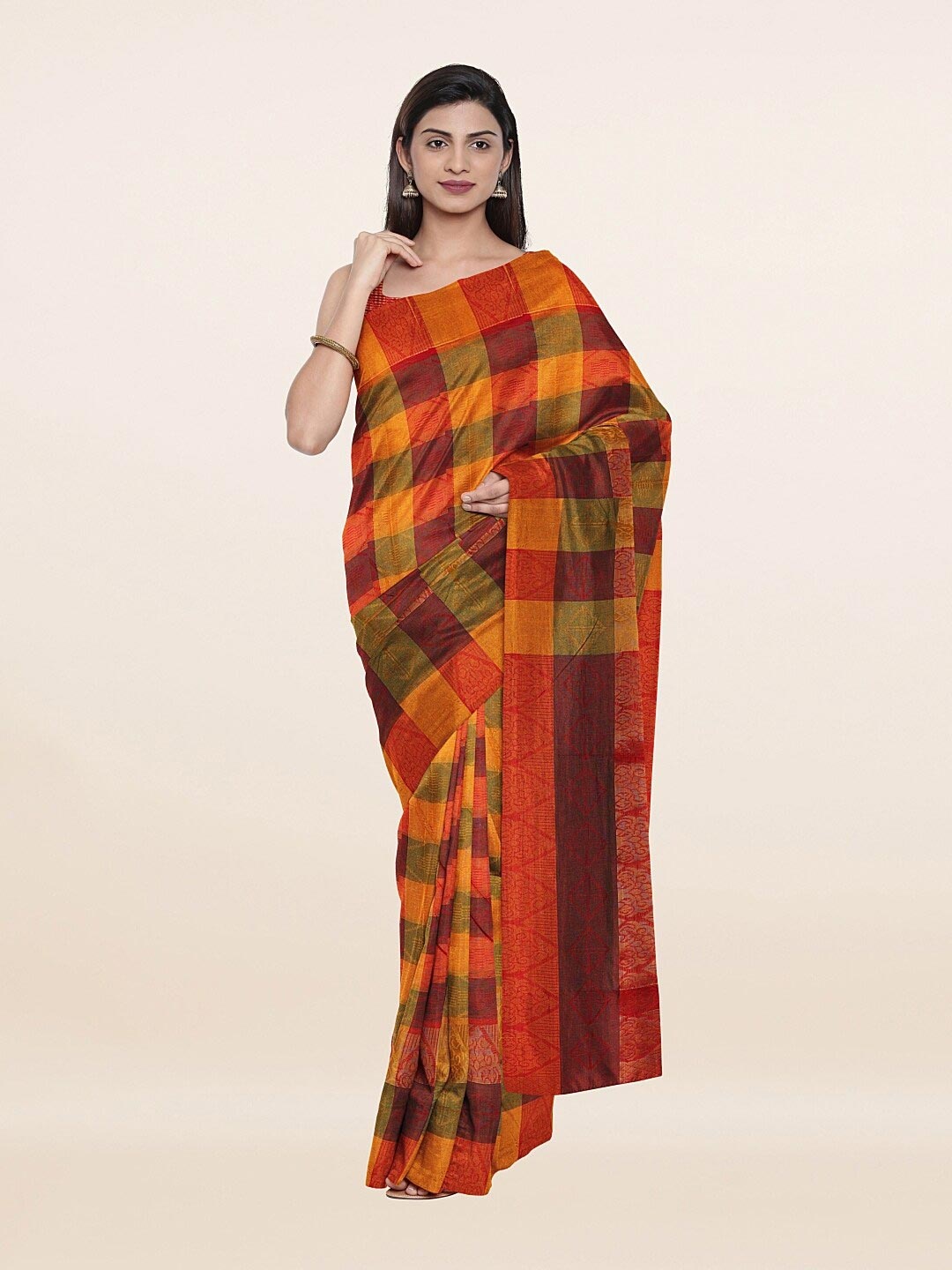 

Pothys Yellow & Green Checked Zari Saree