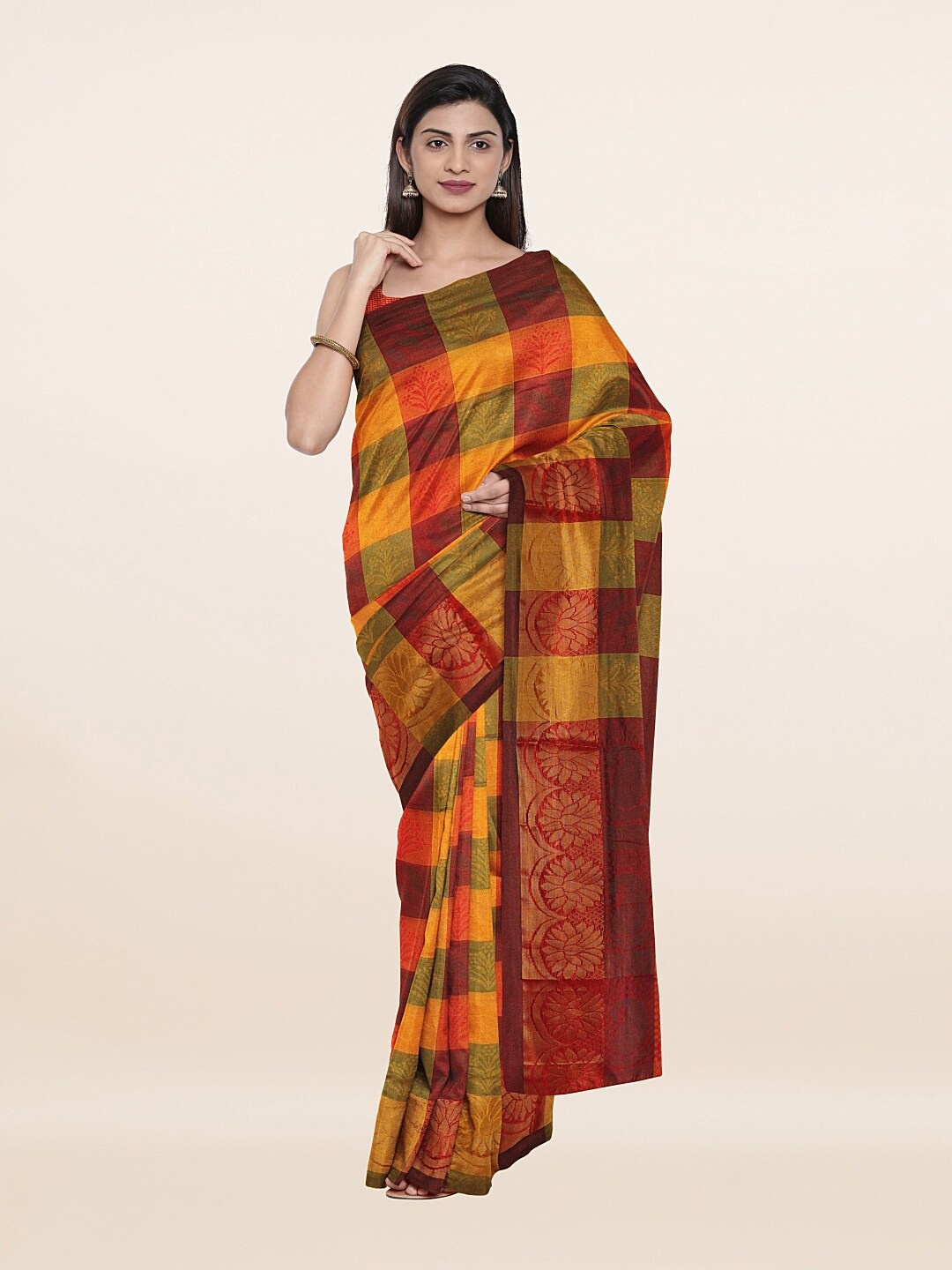 

Pothys Green & Mustard Checked Zari Saree
